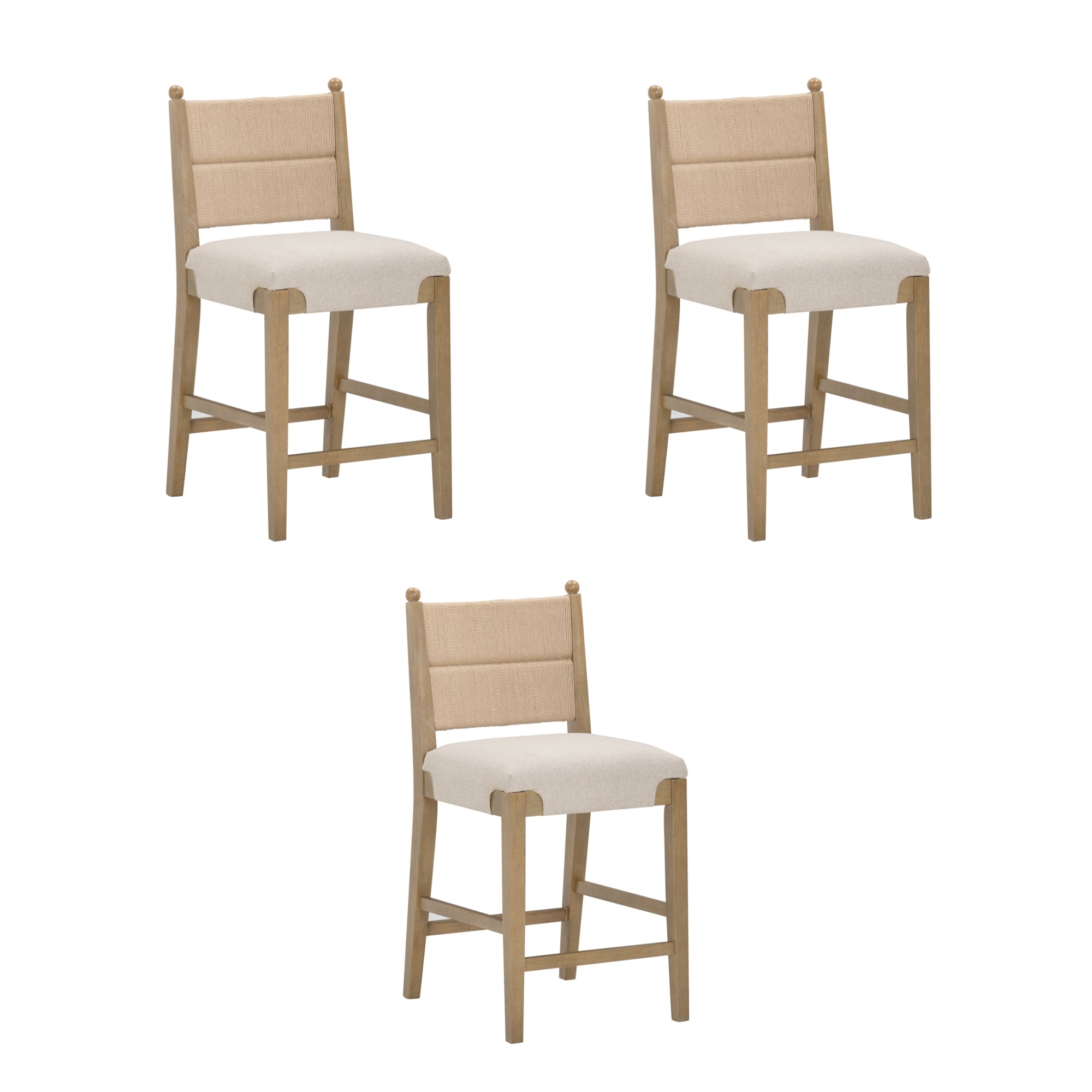 Three light wood barstools with beige upholstered seats and backrests, arranged in a triangle on a white background.