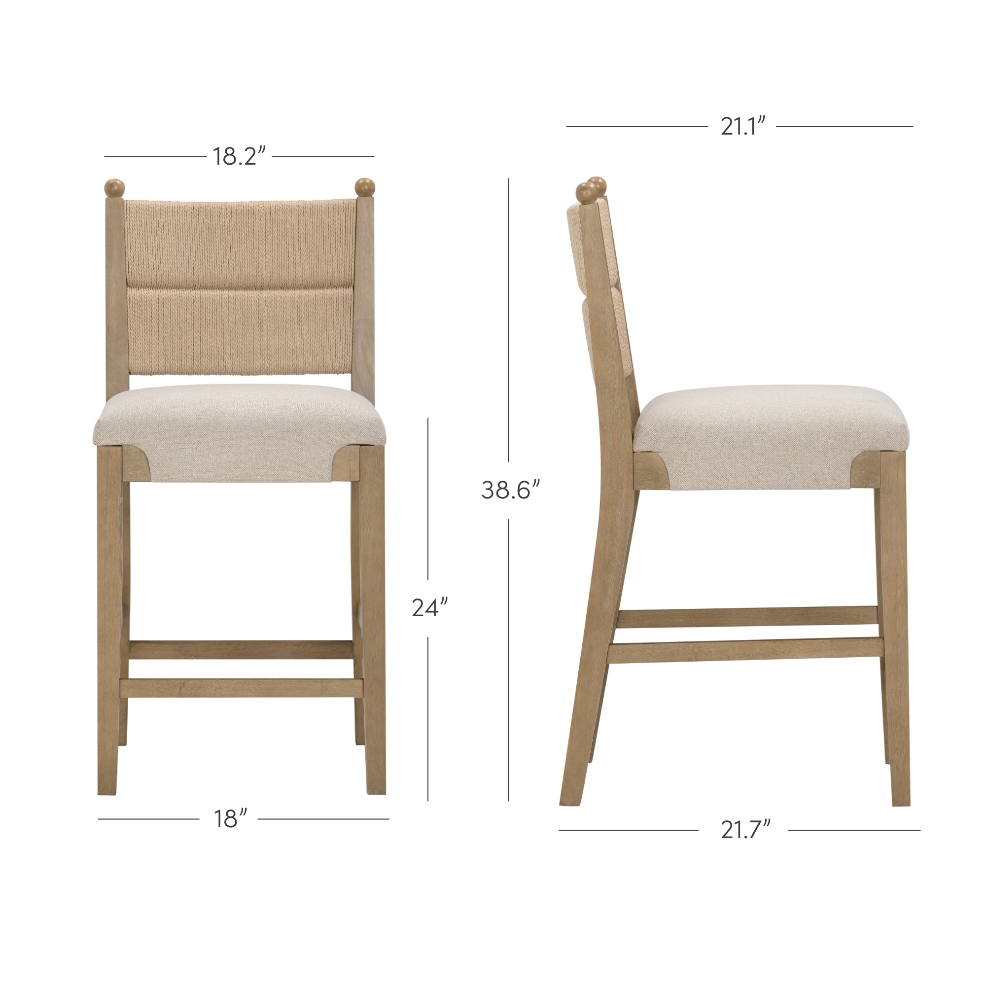 Front and side views of a beige upholstered barstool with wooden legs and frame, showing measurements: 38.6 height, 24 seat height, 18.2 back width, 18 seat width, and 21.7 depth.