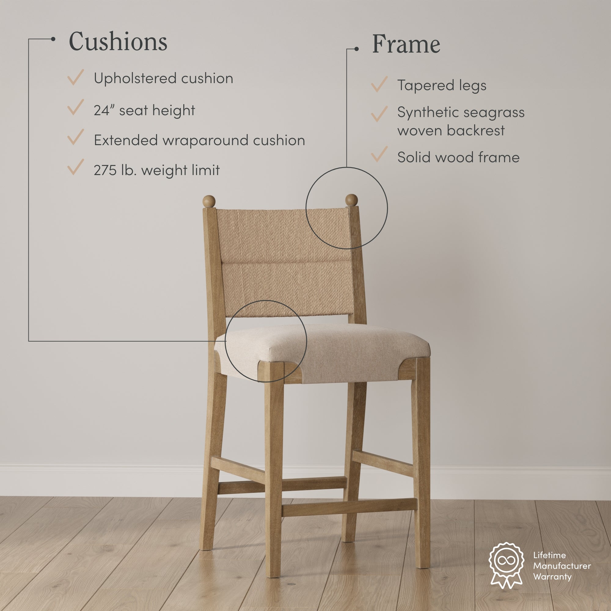 A wooden chair with light tan upholstery, a woven backrest, and wooden legs is centered in a room with a wood floor. Feature highlights describe its cushion, frame, and weight limit.