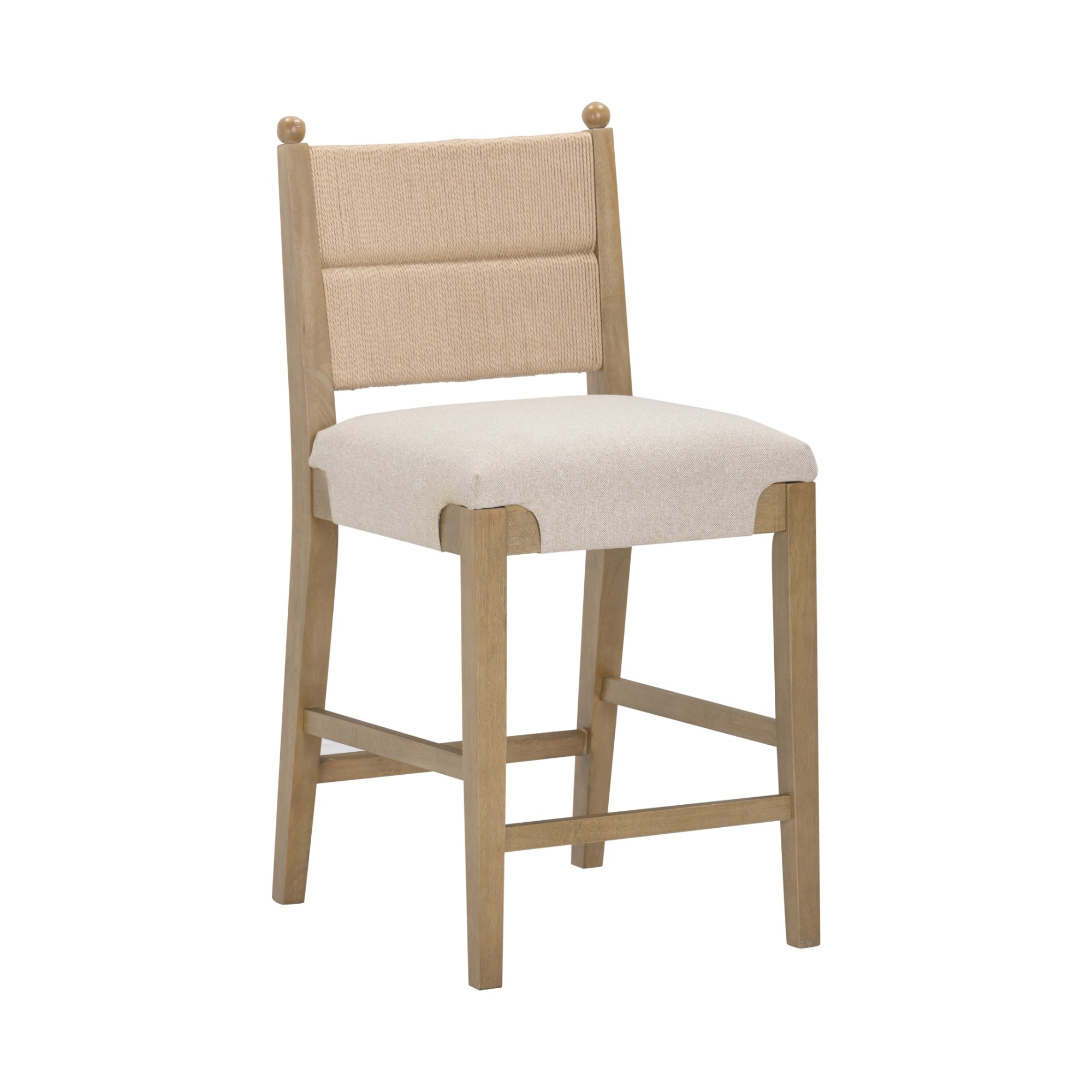 A wooden bar stool with a light beige upholstered seat and cushioned backrest, featuring a simple, modern design and footrest bar.