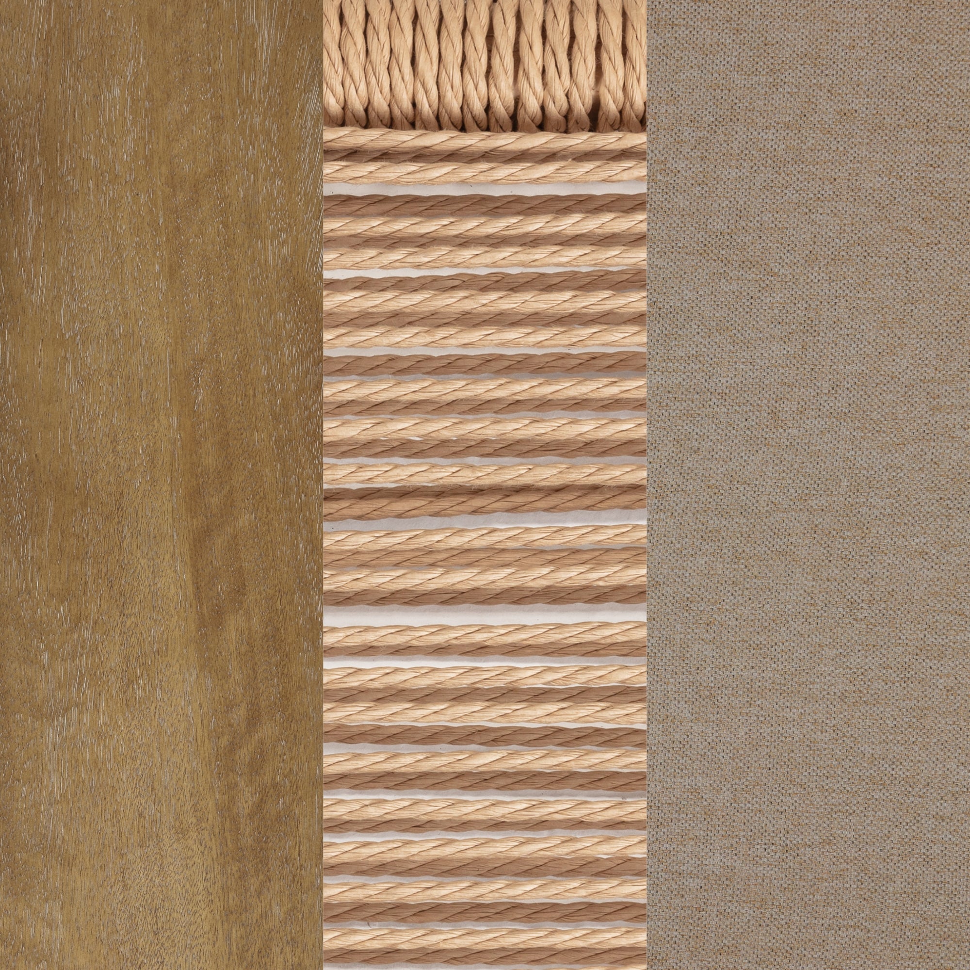 A close-up of three textures side by side: smooth wood on the left, rows of twisted rope in the center, and coarse beige fabric on the right.