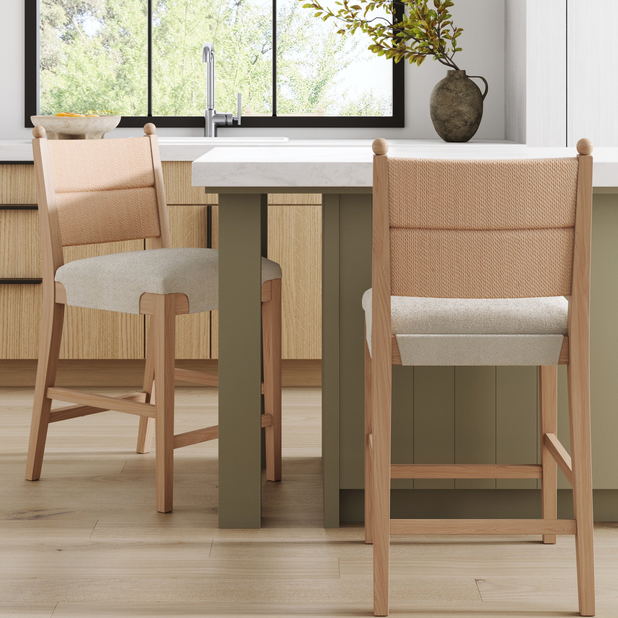 Solid Wood Boucle Counter Stool with Seagrass Back Raw Oak (Set of 2)