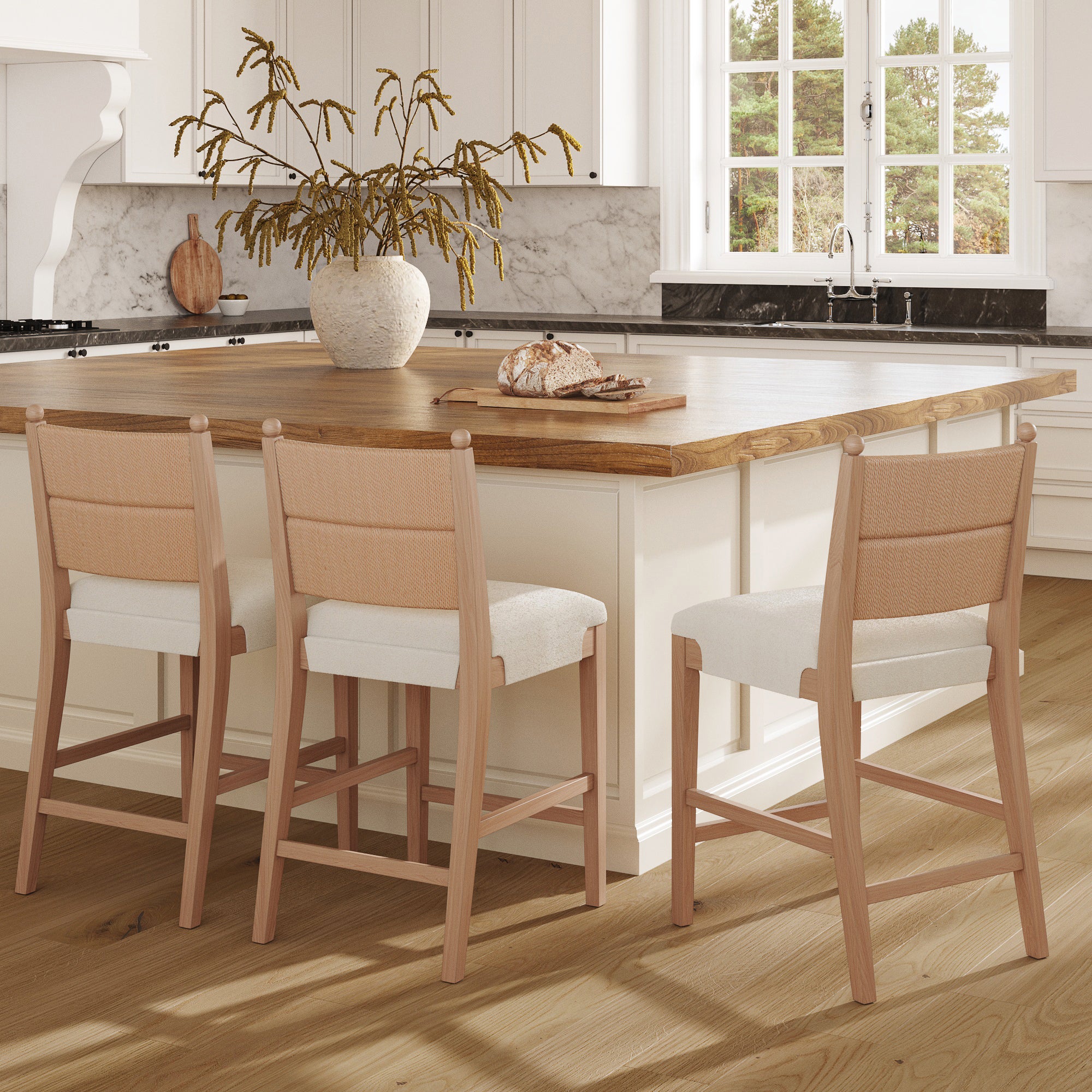 Solid Wood Boucle Counter Stool with Seagrass Back Raw Oak (Set of 3)