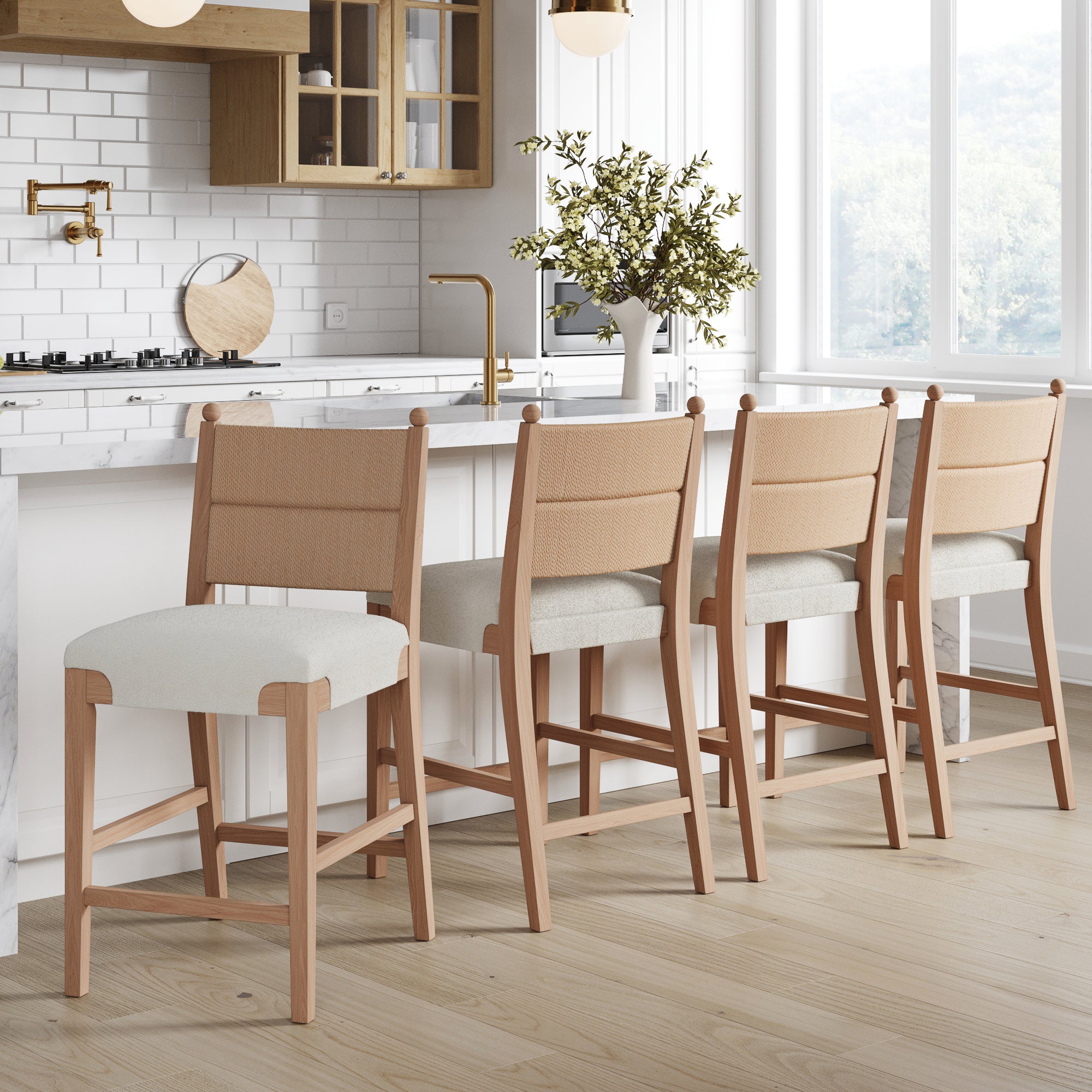Solid Wood Boucle Counter Stool with Seagrass Back Raw Oak (Set of 4)