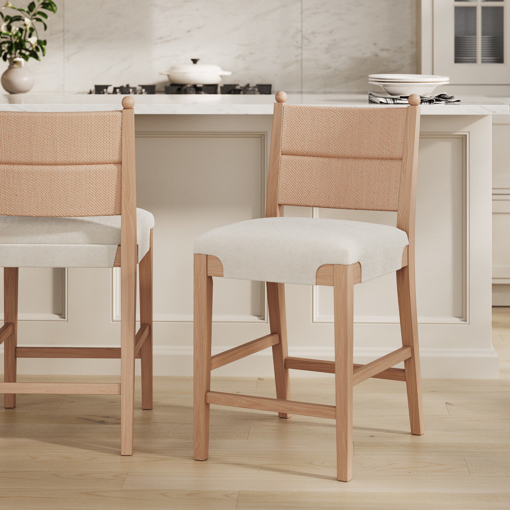 Solid Wood Boucle Counter Stool with Seagrass Back Raw Oak
