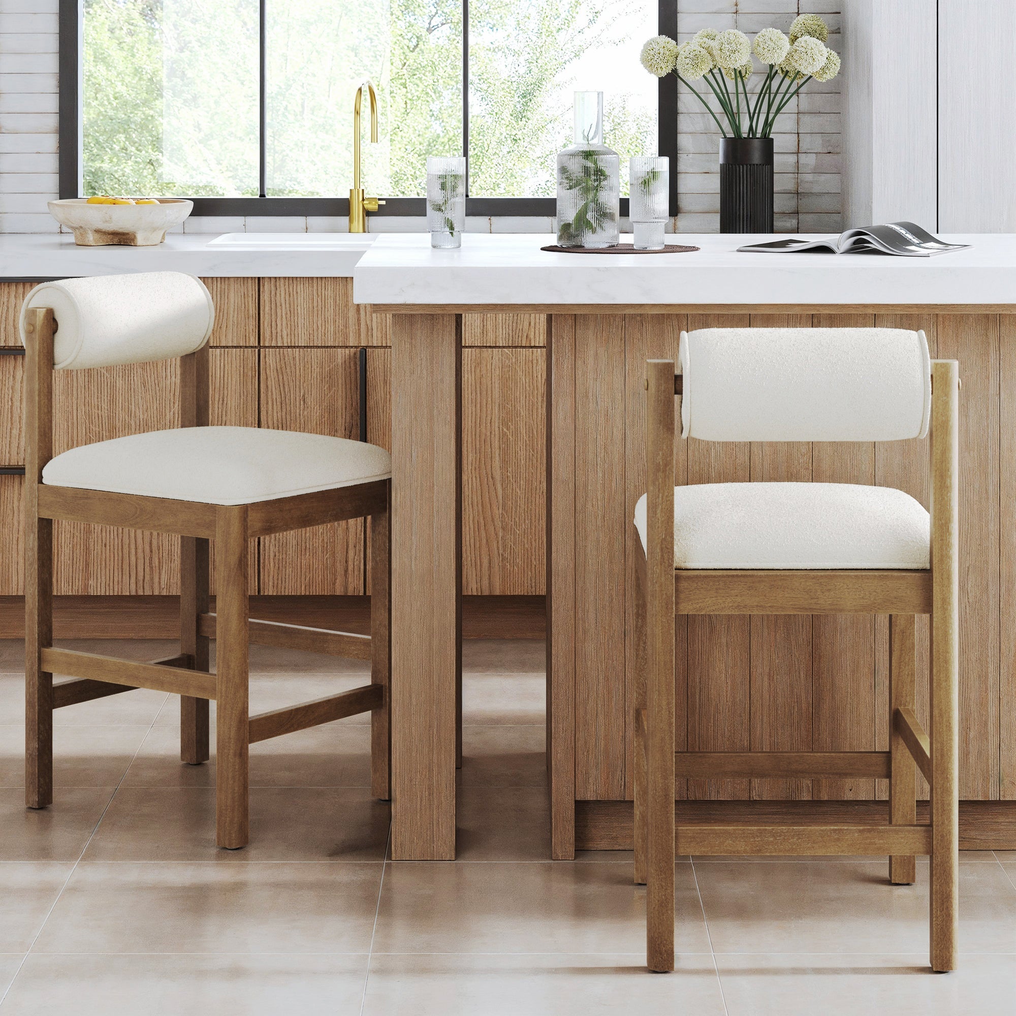 Modern Wood & Boucle Bar Stool with Bolster Back Cream/Light Brown (Set of 2) - Nathan James