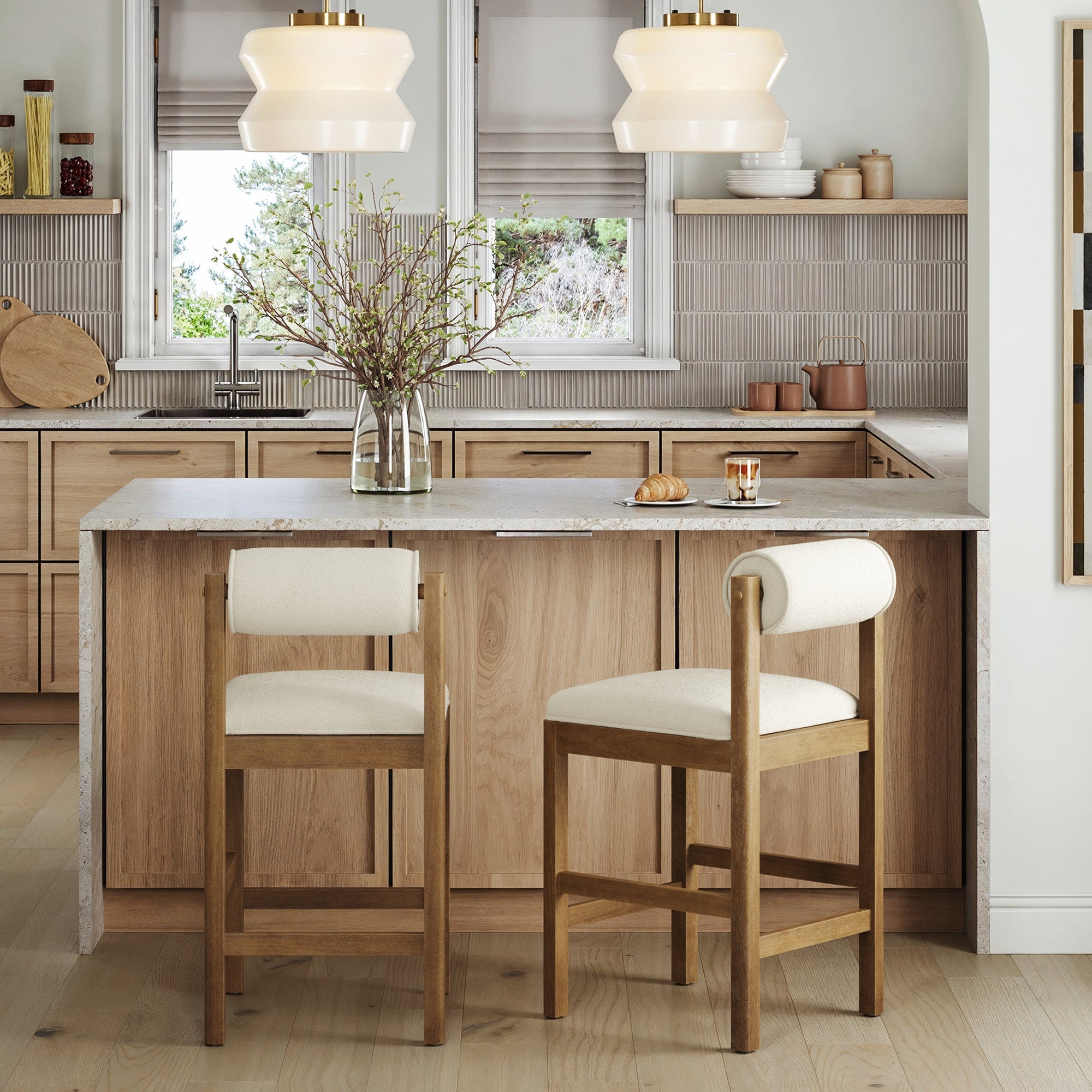 Modern Wood & Boucle Bar Stool with Bolster Back Cream/Light Brown (Set of 2) - Nathan James
