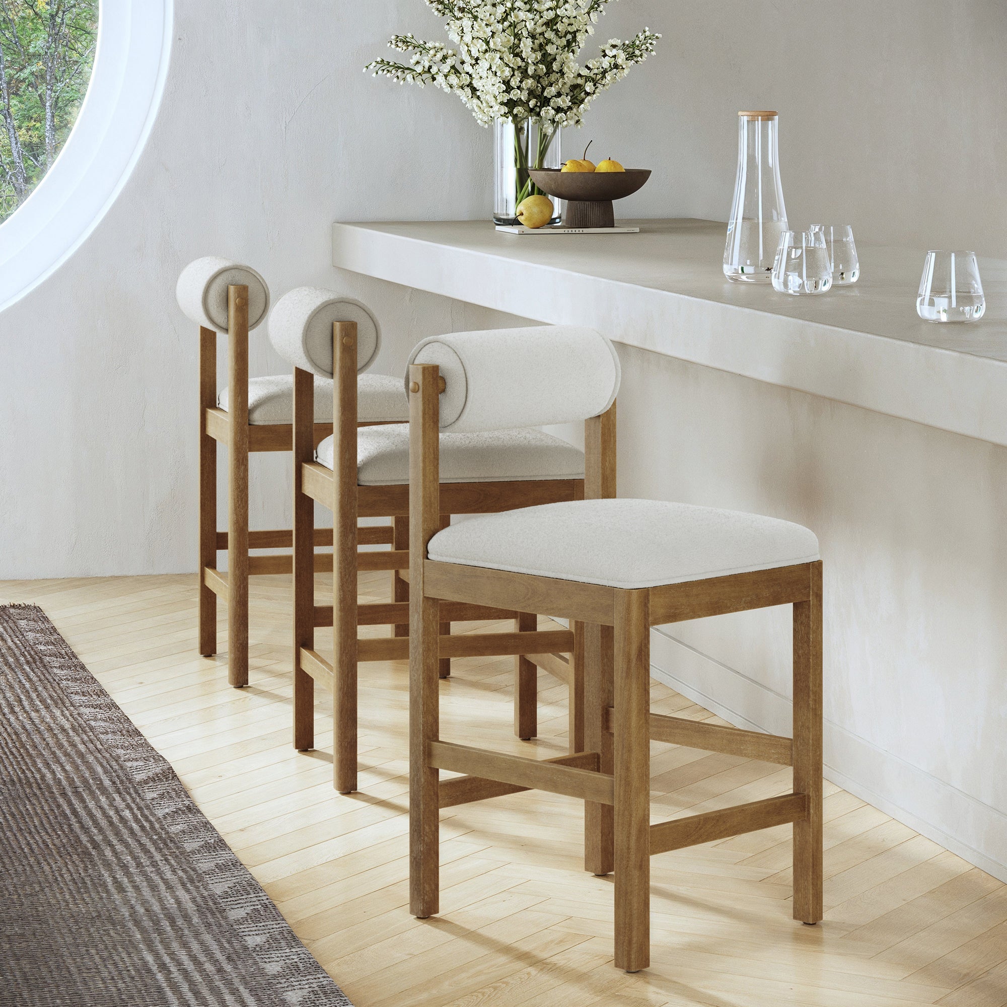Modern Wood & Boucle Bar Stool with Bolster Back Cream/Light Brown (Set of 3) - Nathan James