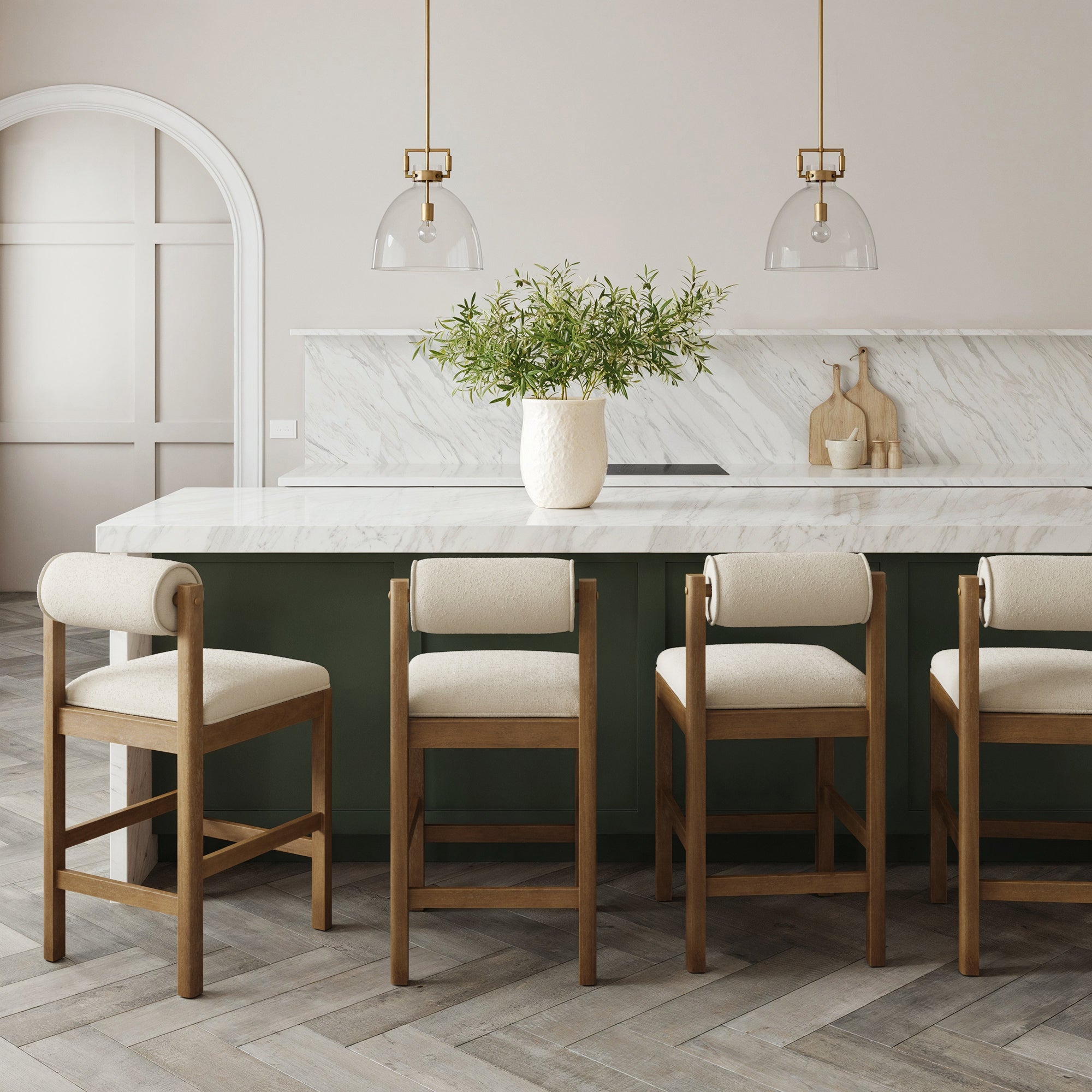 Modern Wood & Boucle Bar Stool with Bolster Back Cream/Light Brown (Set of 4) - Nathan James