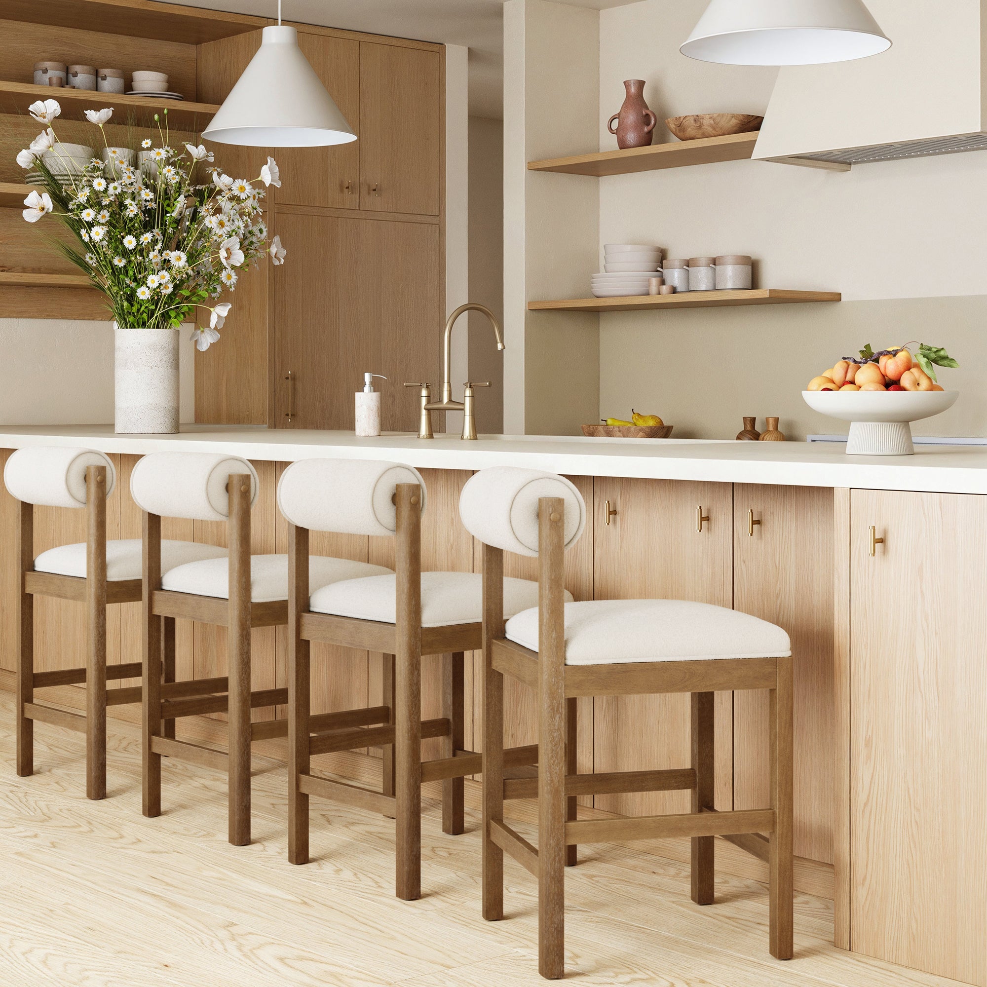 Modern Wood & Boucle Bar Stool with Bolster Back Cream/Light Brown (Set of 4) - Nathan James
