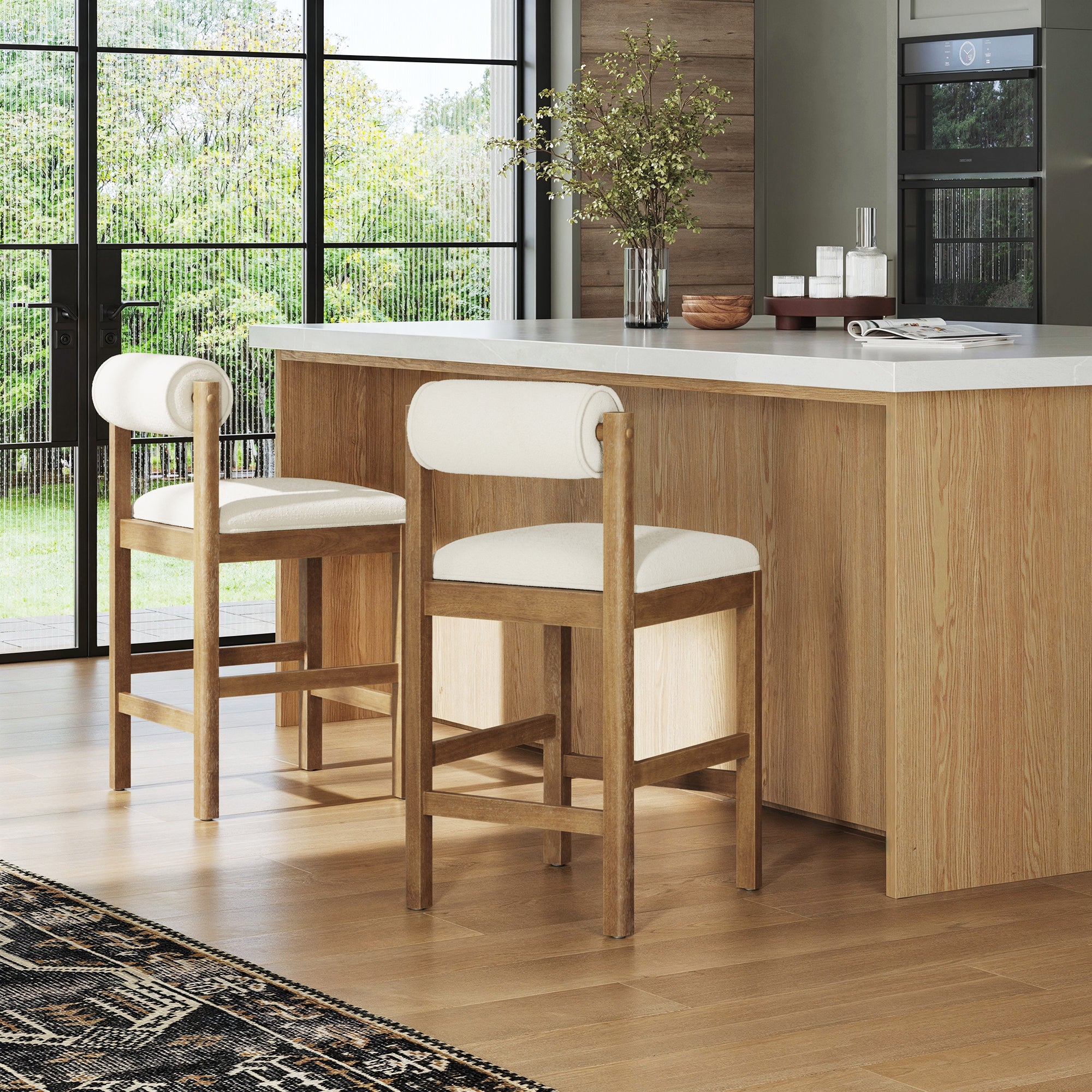 Modern Wood & Boucle Bar Stool with Bolster Back Cream/Light Brown - Nathan James