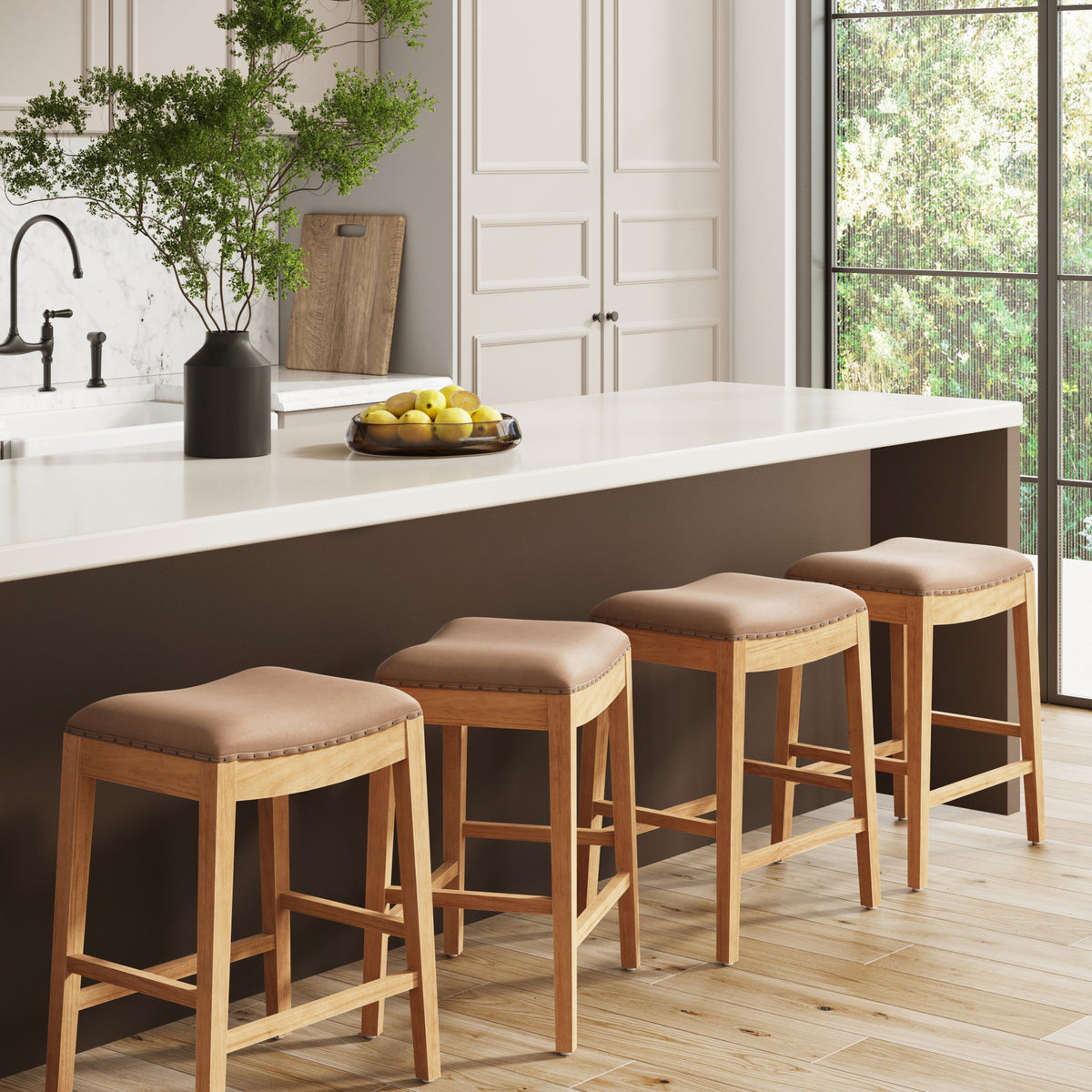 Modern Wood Backless Counter Stool Light Brown (Set of 4)