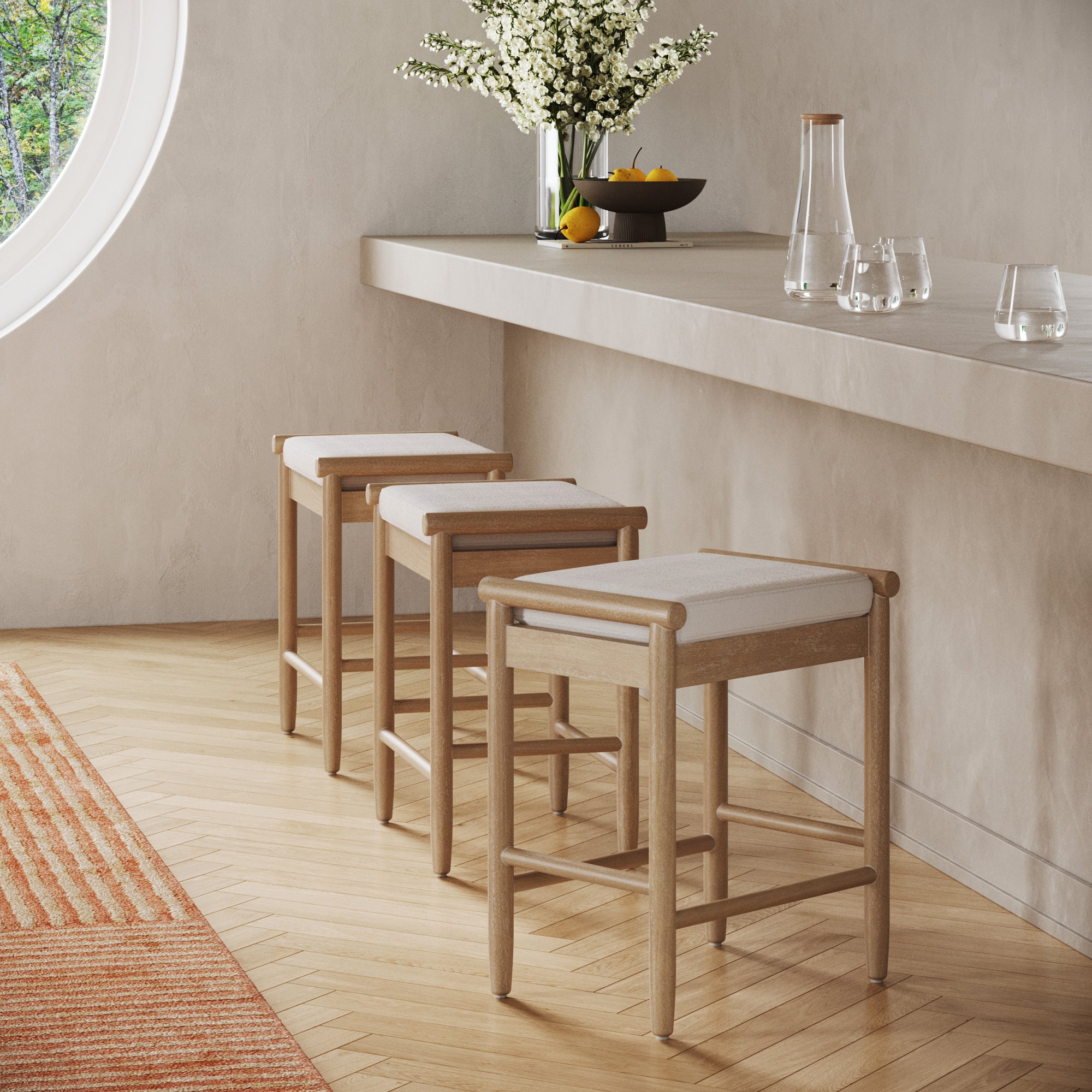 Kirsten Bar Stool Wooden Boucle Light Brown Set of 3 | Nathan James