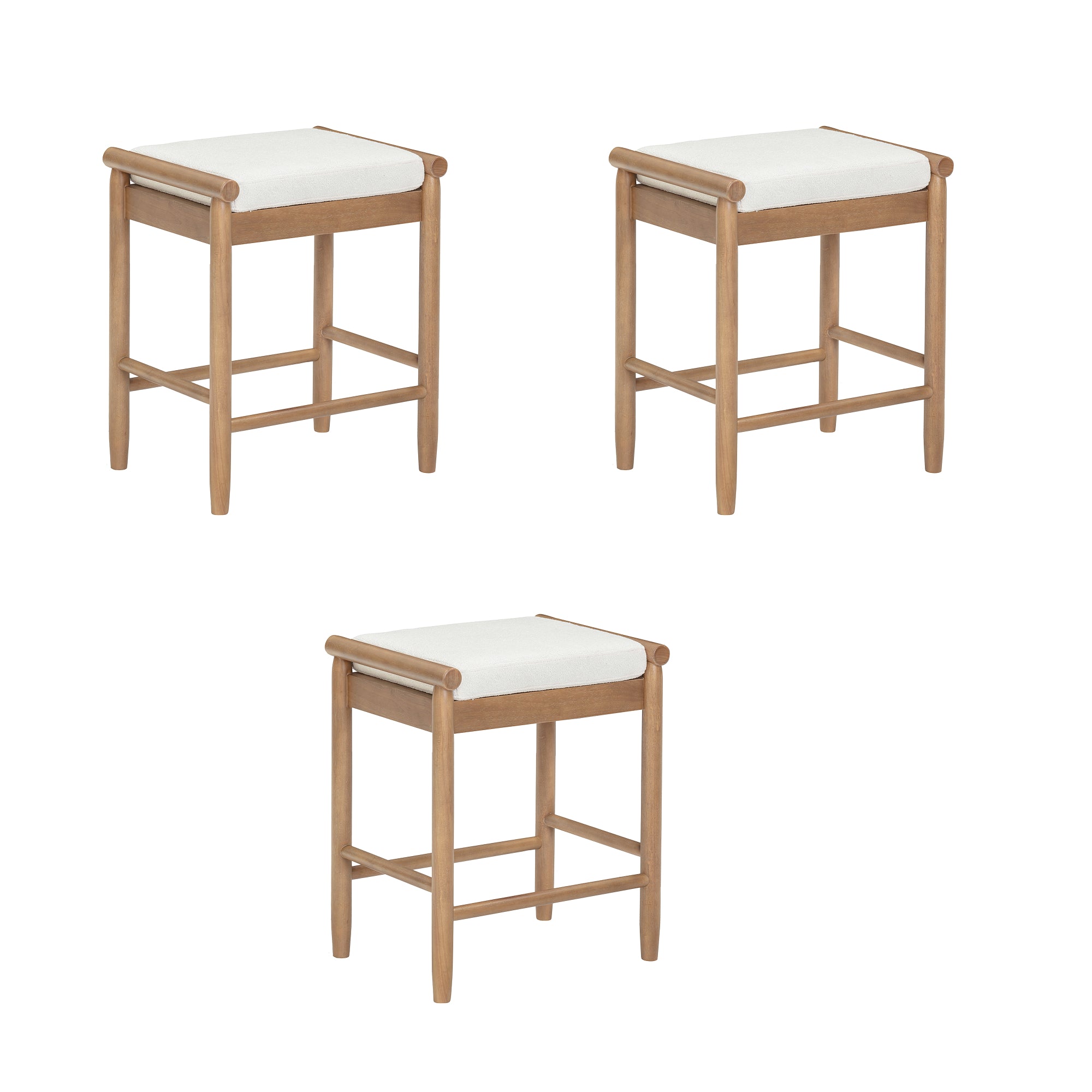 Three wooden stools with light-colored cushioned seats, arranged in a triangular pattern on a white background.