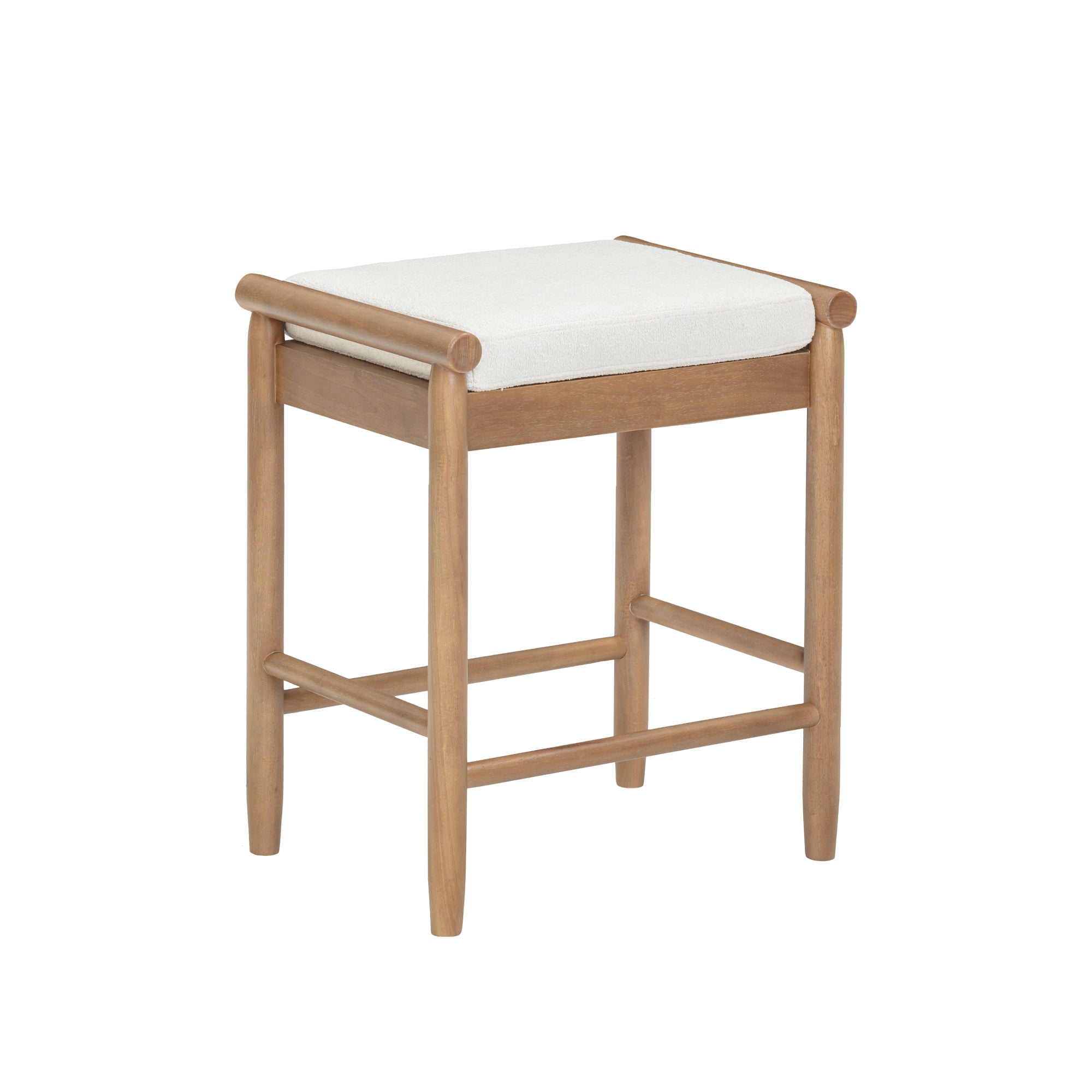 A wooden stool with four legs and crossbars for support, featuring a rectangular, cushioned seat upholstered in white fabric. The design is simple and modern.