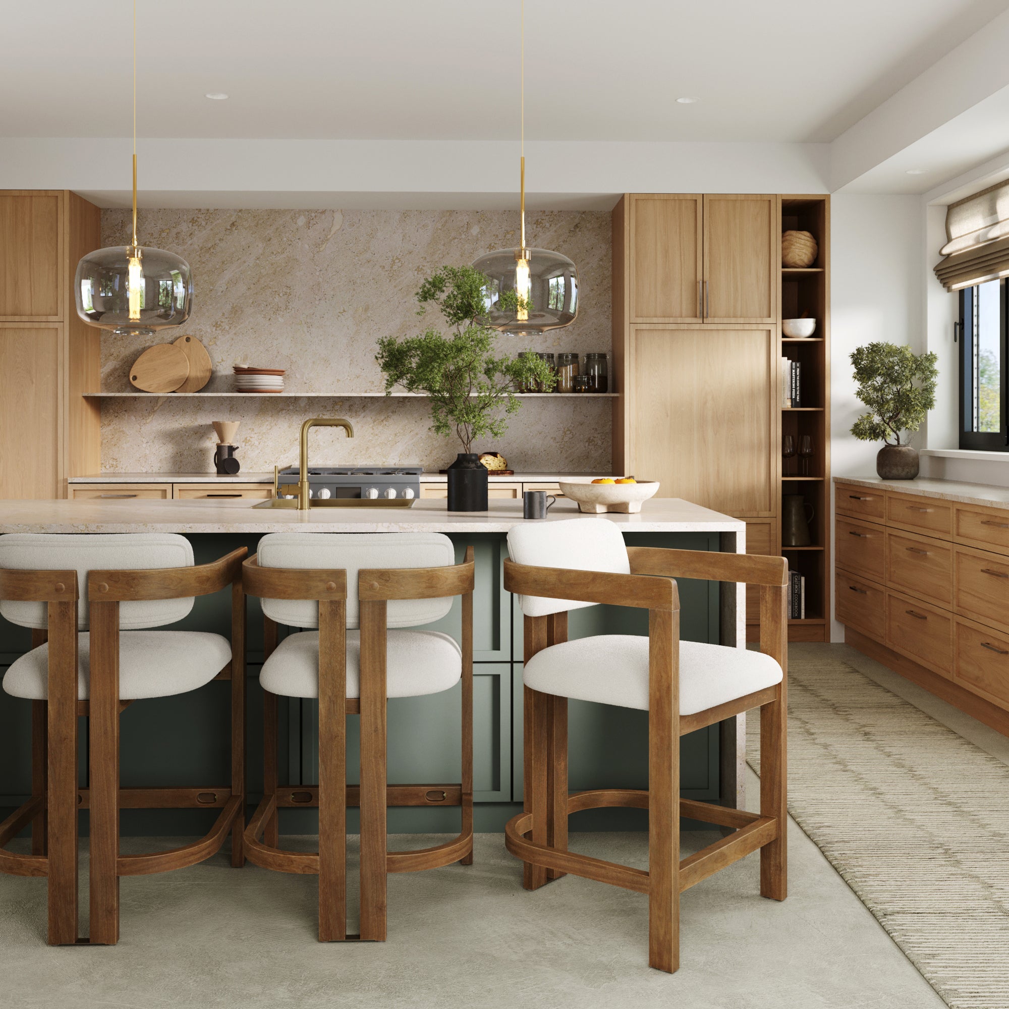 Modern kitchen with light wood cabinets, a marble backsplash, green island, and Nathan James Barrel Bar Stool w/ Back and Arm Light Brown (Set of 3). Pendant lights illuminate the island, while potted plants add greenery throughout the space.