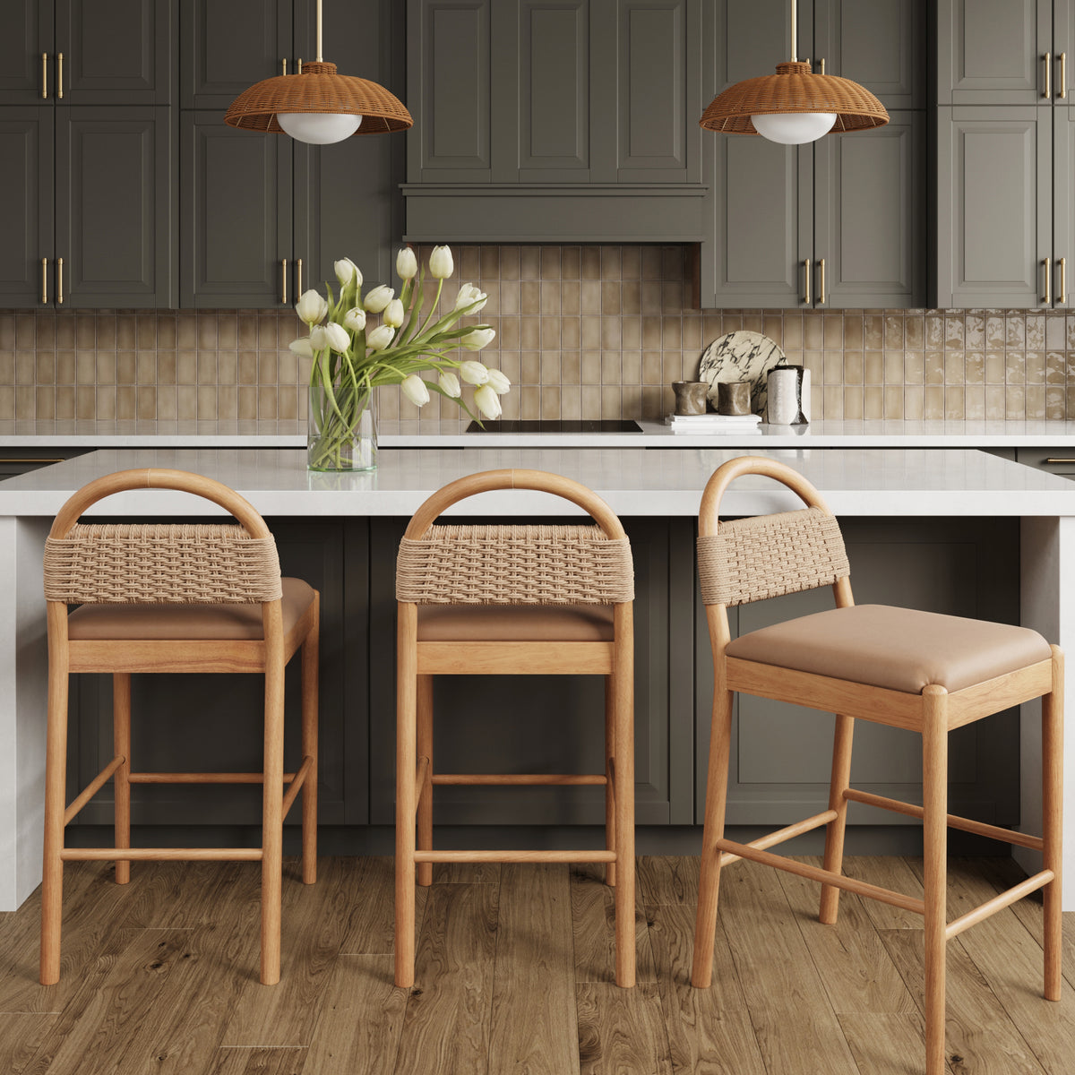 Modern Wood Seagrass & Faux Leather Counter Stool Brown (Set of 3)