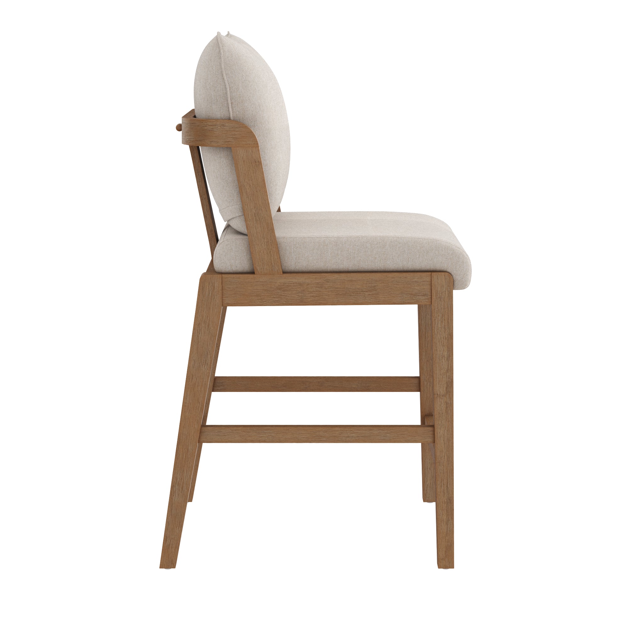 Side view of a wooden chair with a light beige cushioned seat and backrest, featuring simple, modern lines and angled legs.