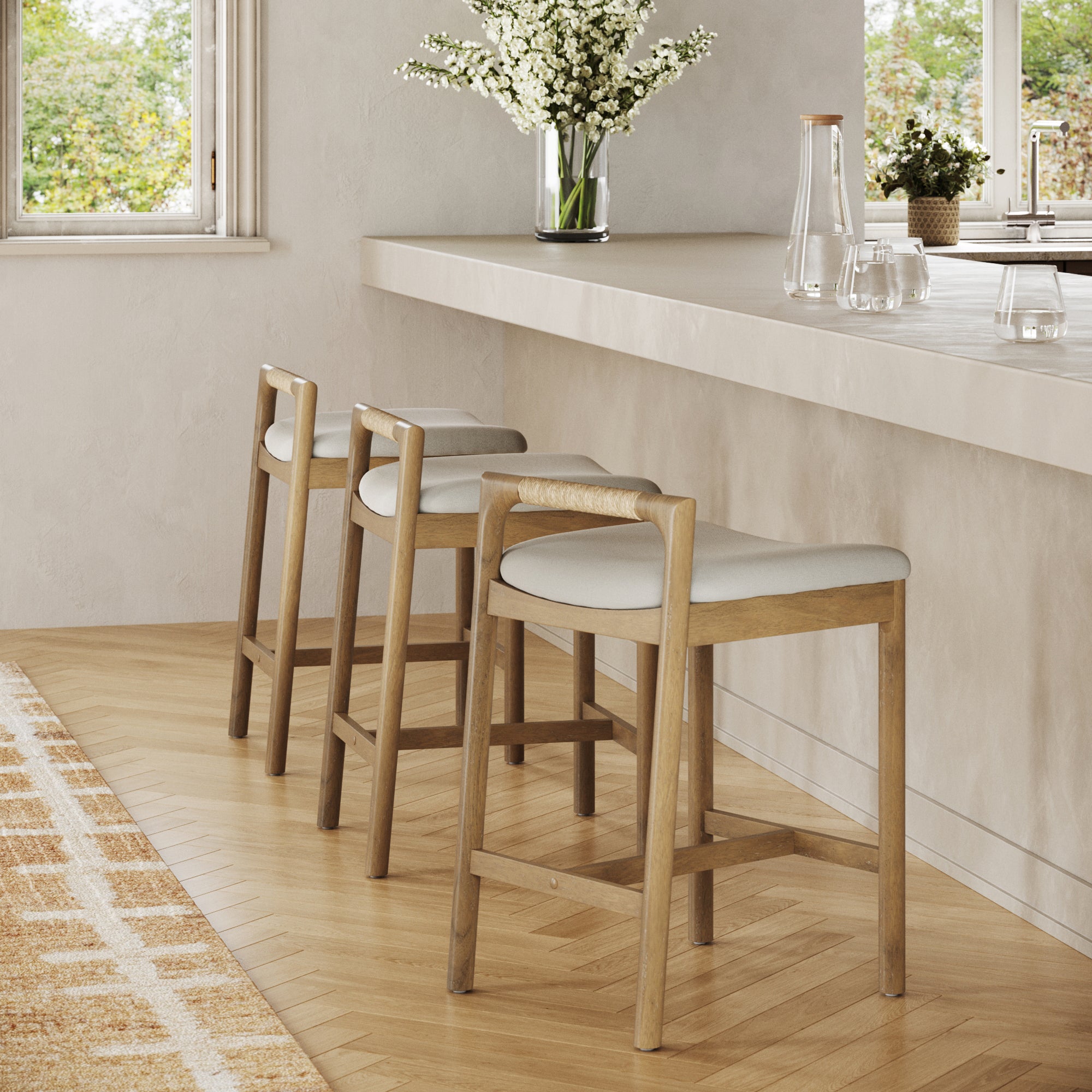 Modern Wooden Upholstered Low Back Counter Stool Light Brown (Set of 3)