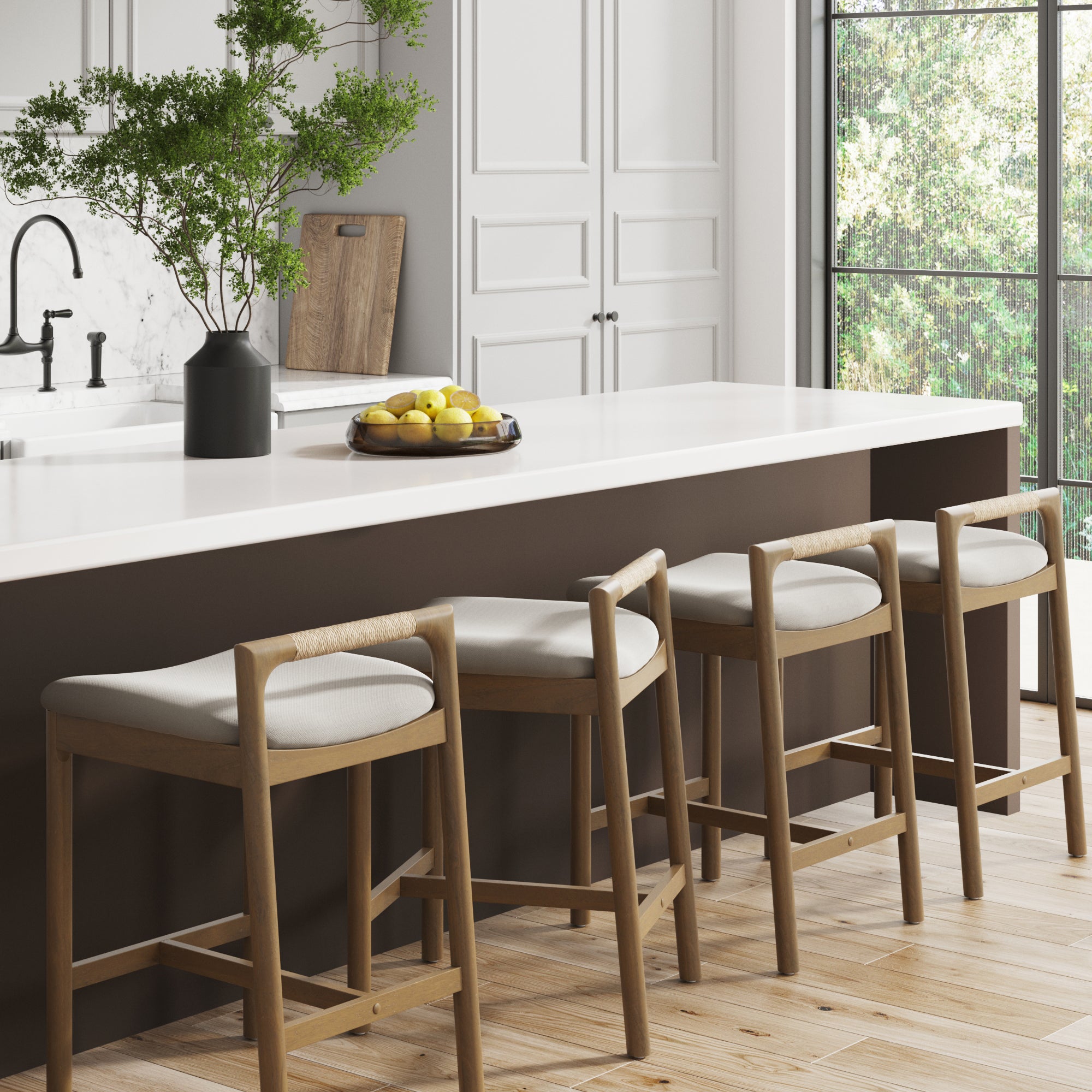 Modern Wooden Upholstered Low Back Counter Stool Light Brown (Set of 4)