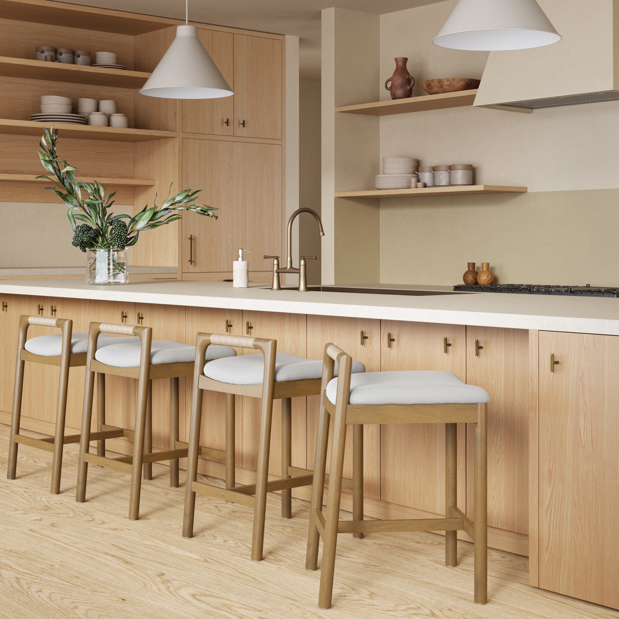 Modern Wooden Upholstered Low Back Counter Stool Light Brown (Set of 4) - Nathan James