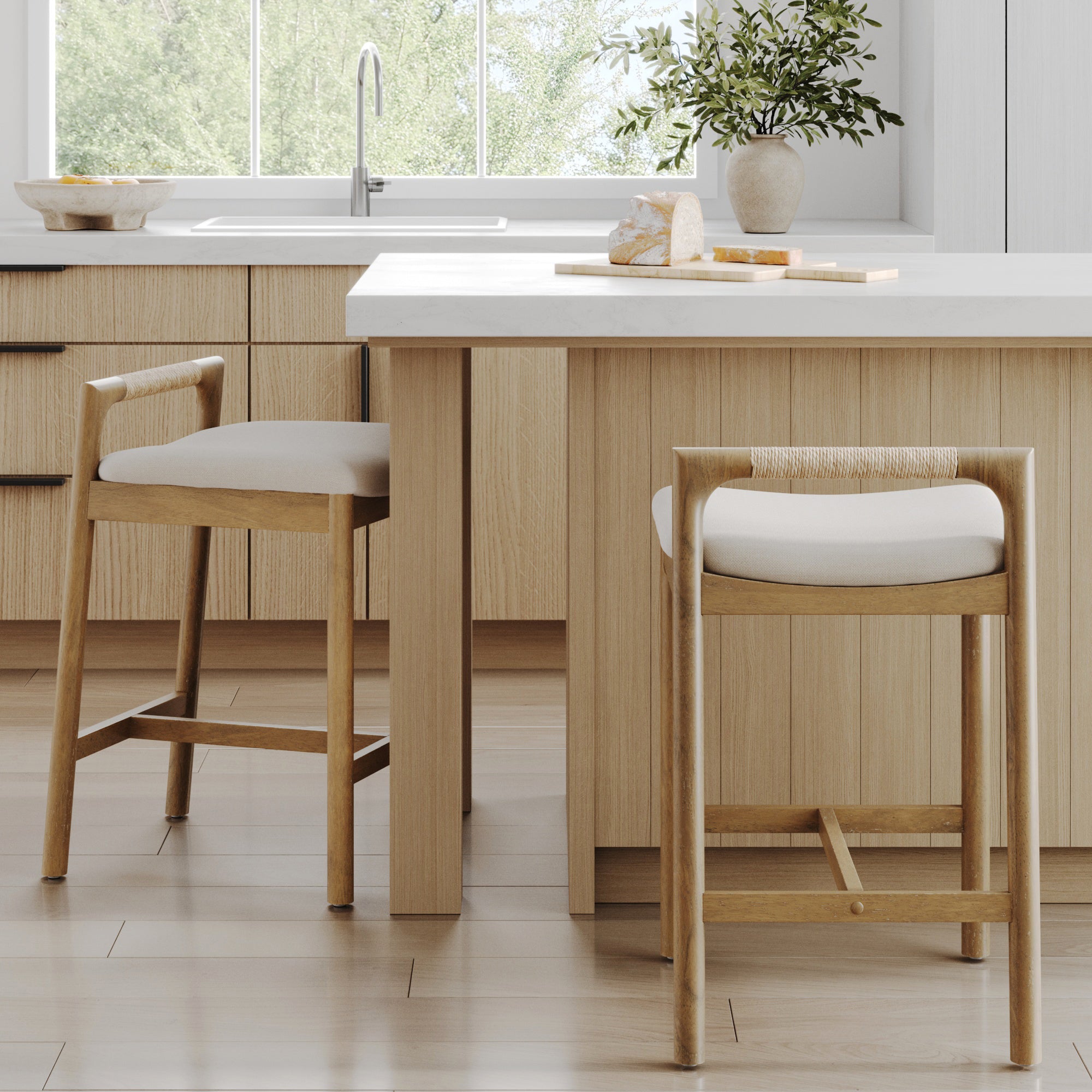 Modern Wooden Upholstered Low Back Counter Stool Light Brown