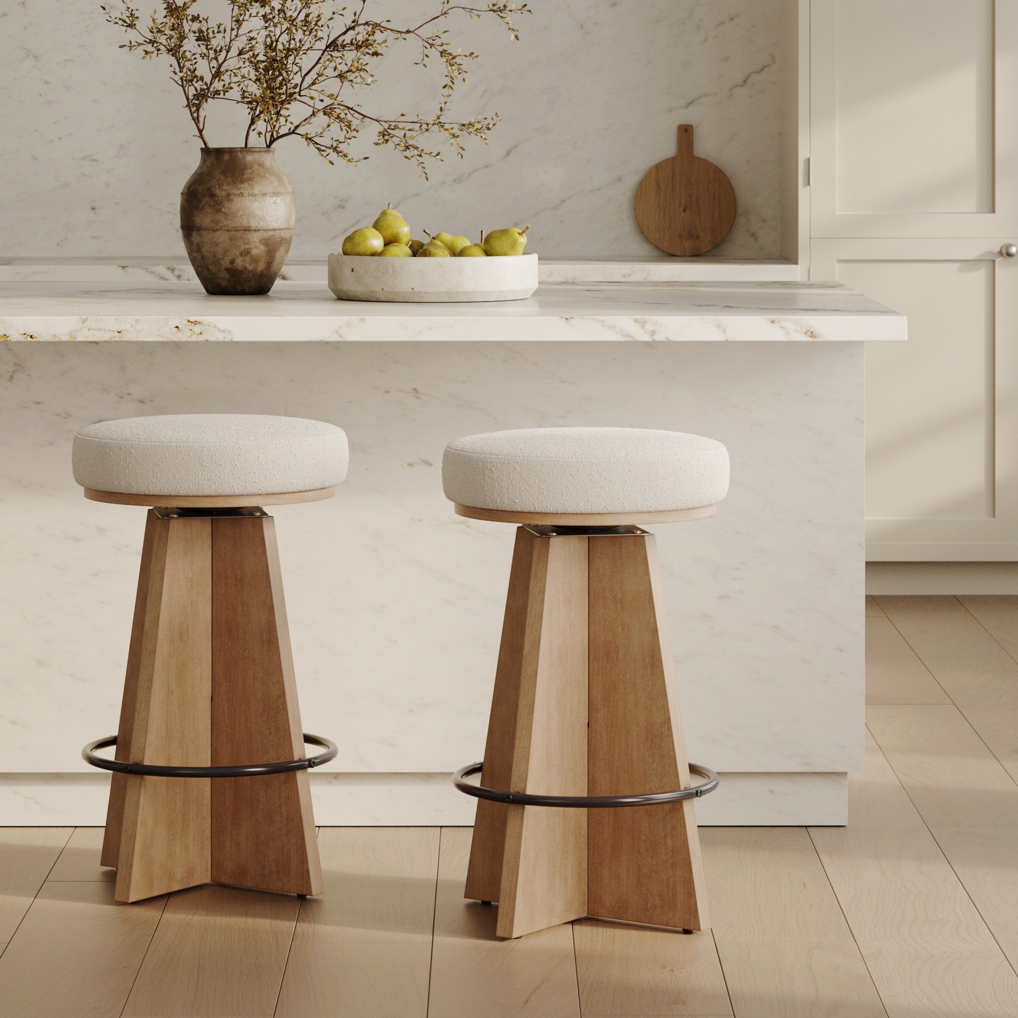 Modern Backless Swivel Boucle Counter Stool with Pedestal Legs (Set of 2)