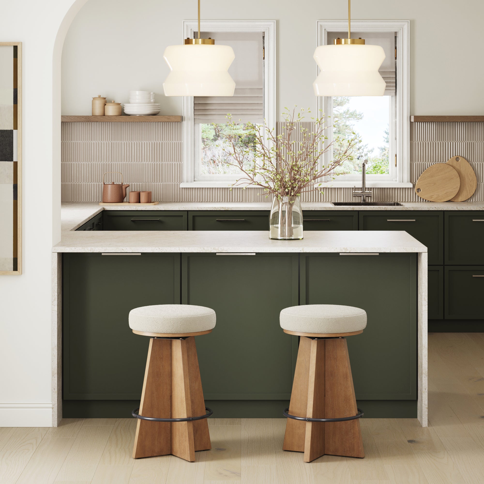 Modern Backless Swivel Boucle Counter Stool with Pedestal Legs