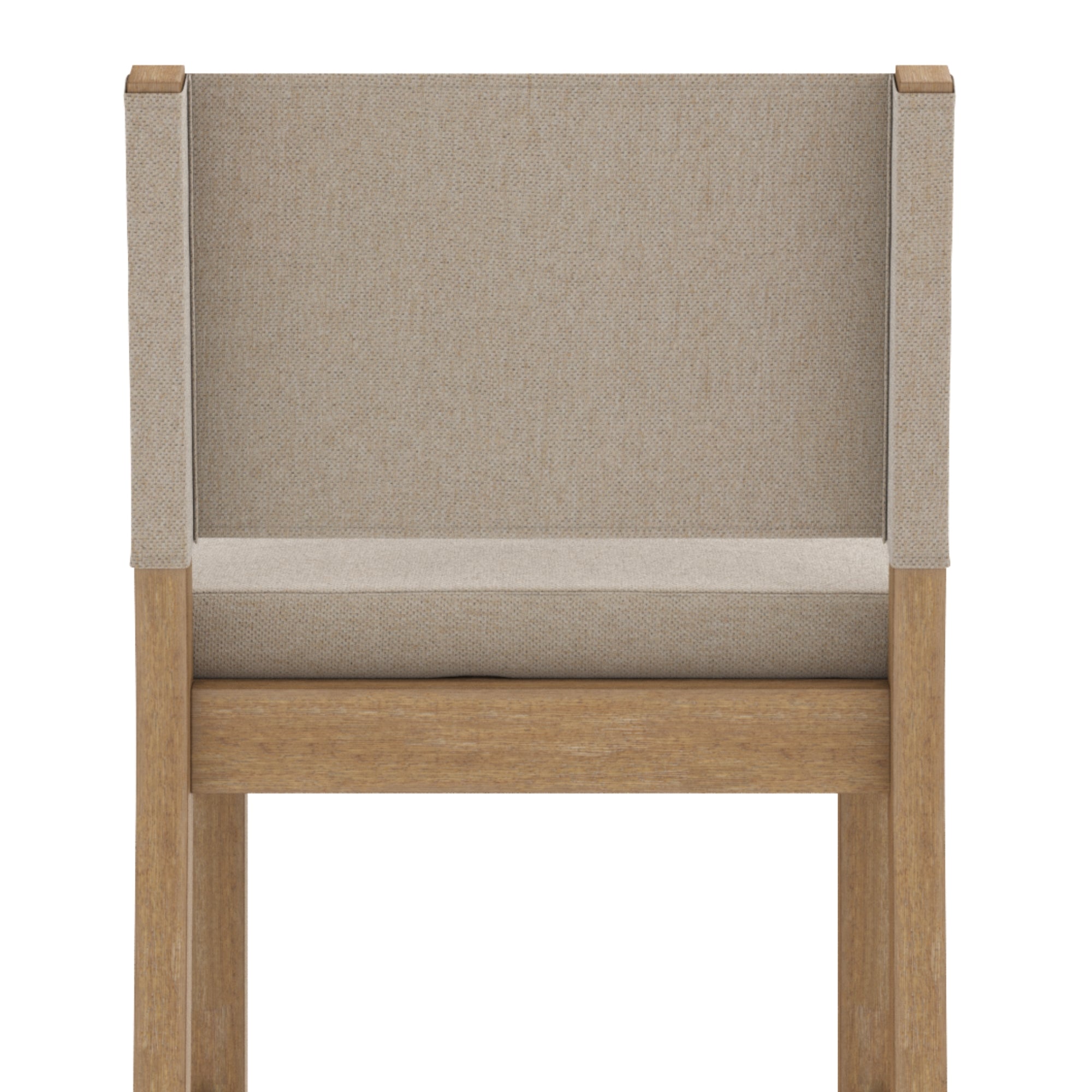 A wooden chair with light brown legs and a beige upholstered backrest and seat cushion, viewed from the back against a white background.
