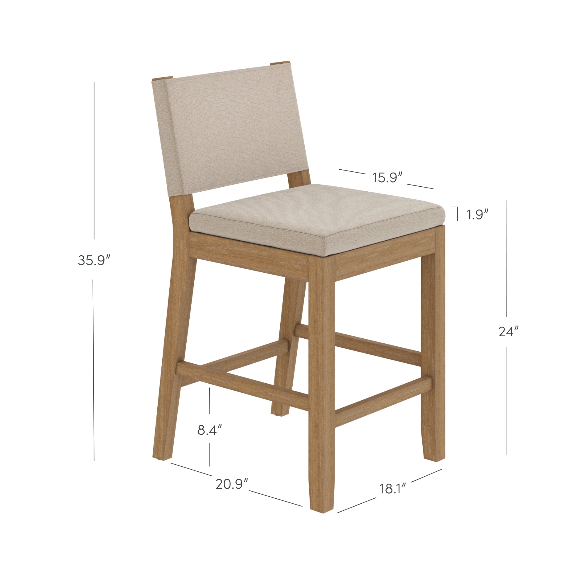A wooden bar stool with a light-colored cushioned seat and backrest. Dimensions are shown: height 35.9, seat height 24, width 18.1, seat depth 15.9, overall depth 20.9, and footrest height 8.4.