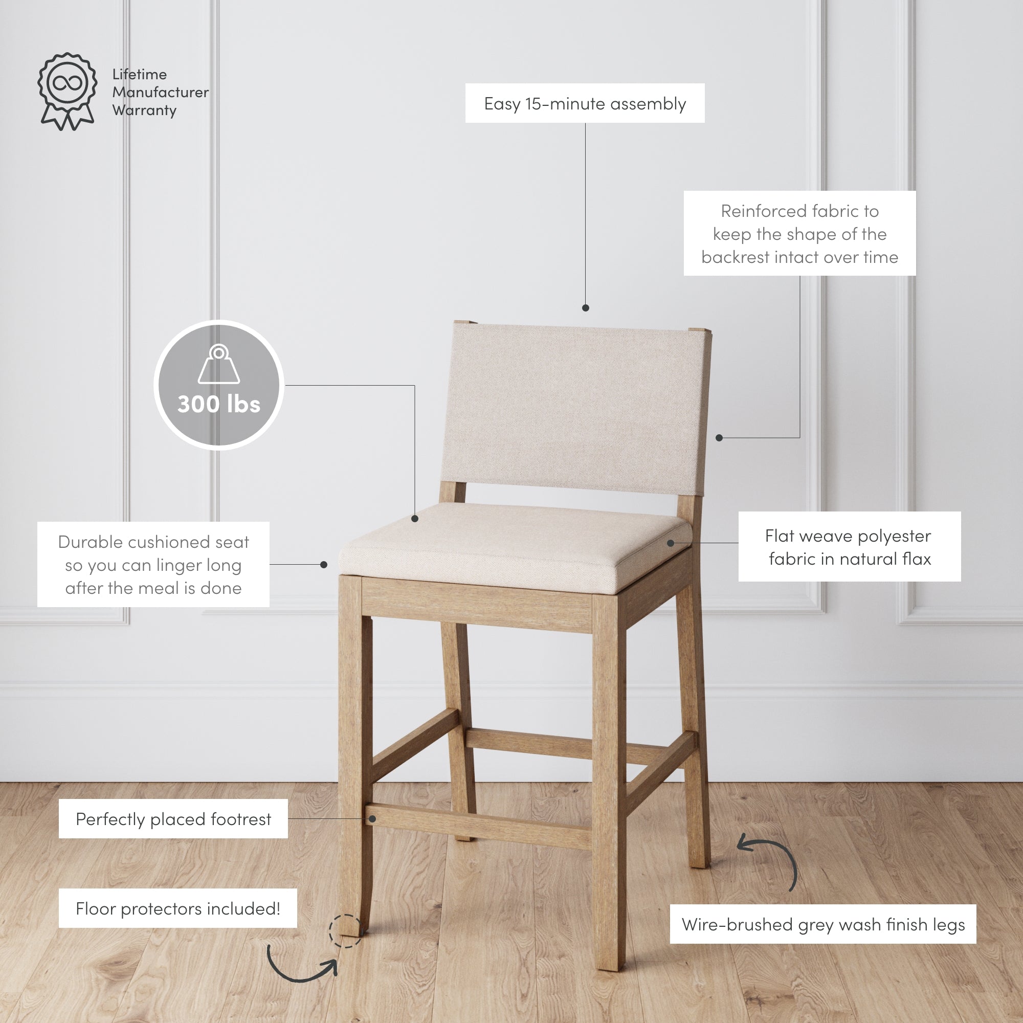 A wooden barstool with a cushioned seat and backrest in flax-colored polyester fabric, set on a wood floor. Text highlights easy assembly, durability, footrest, floor protectors, and 300 lb weight capacity.