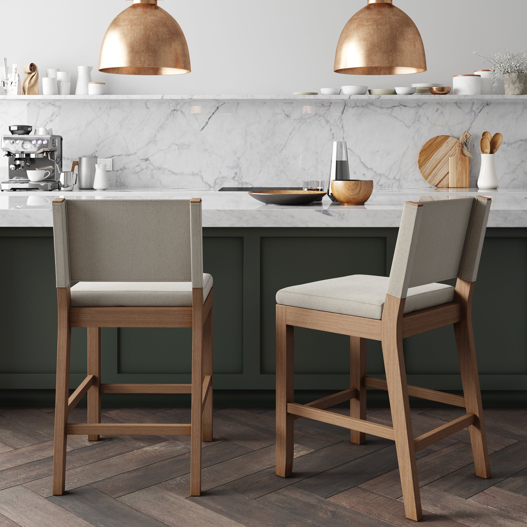 A set of two Nathan James Wood Counter Height Bar Stools in light brown flax sits at a marble kitchen counter, complemented by copper pendant lights and neatly arranged kitchenware on shelves and counters.