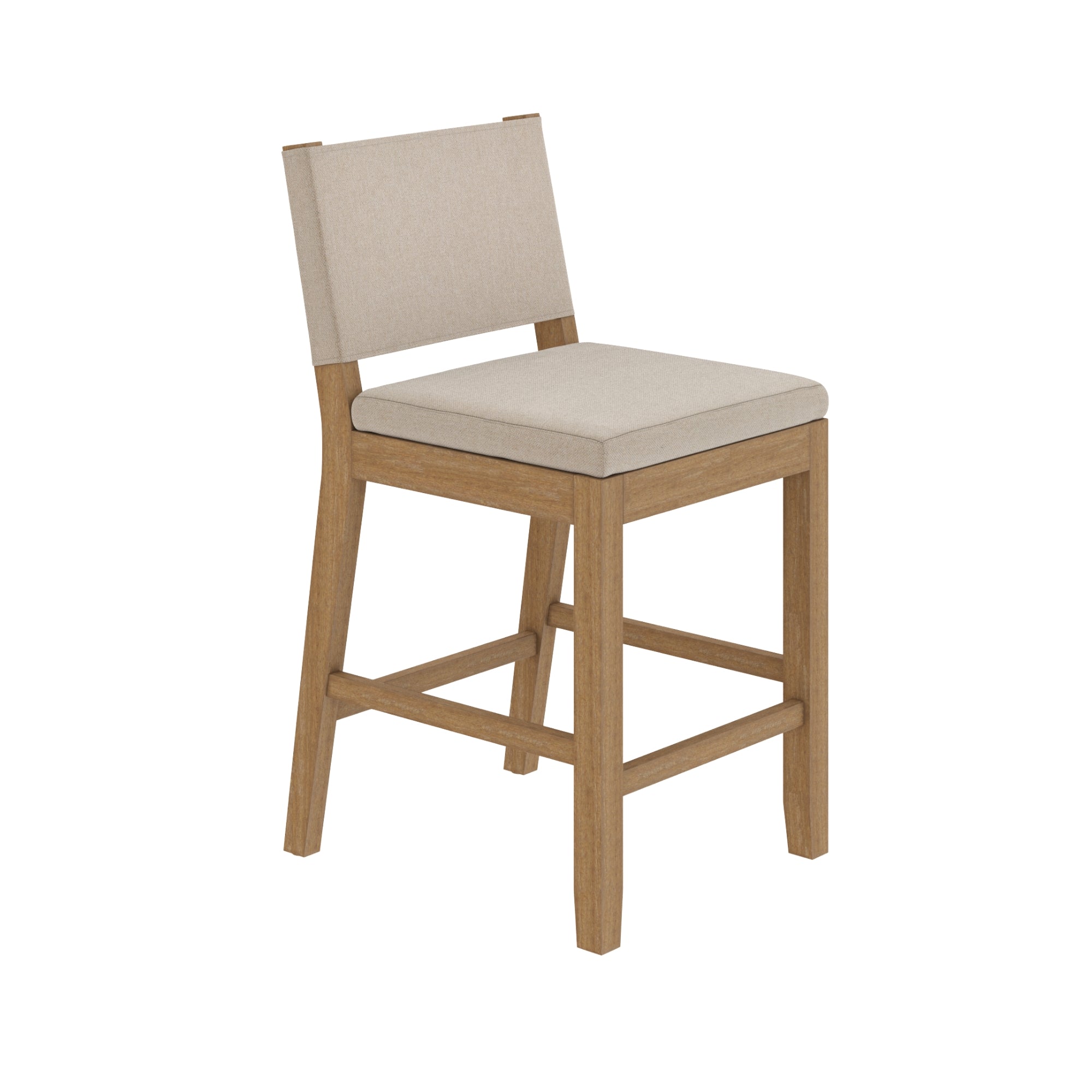 A wooden counter-height chair with a beige cushioned seat and backrest, featuring straight legs and support bars.
