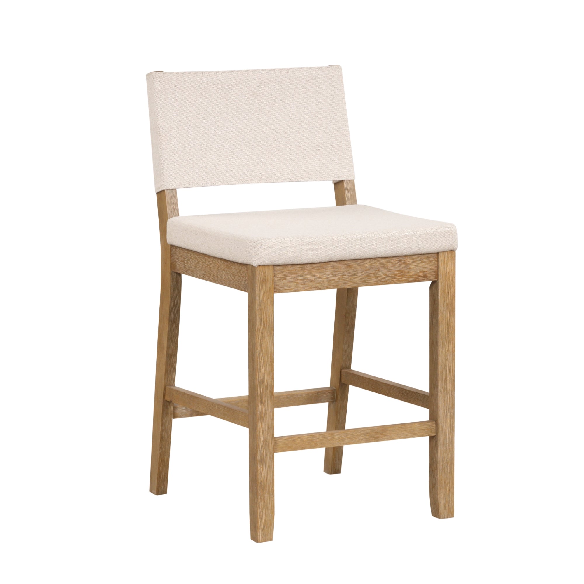 A wooden bar stool with a light beige upholstered seat and backrest, featuring a simple, modern design and footrests on all sides.