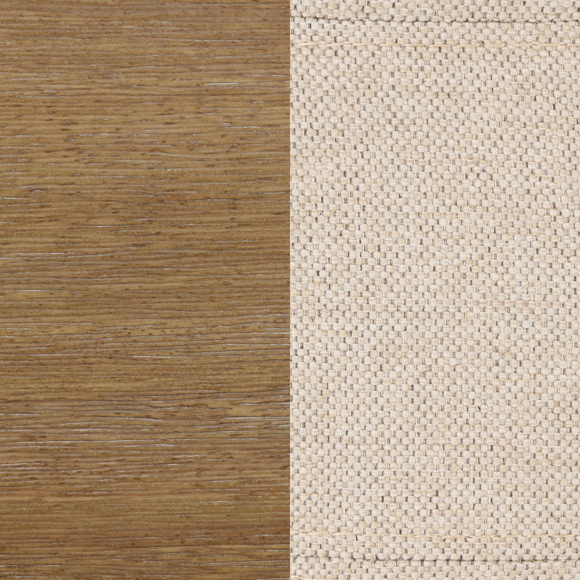 A close-up view of two surfaces: on the left, smooth brown wood grain, and on the right, a beige woven fabric with a distinct texture. The materials are side by side in a vertical split.