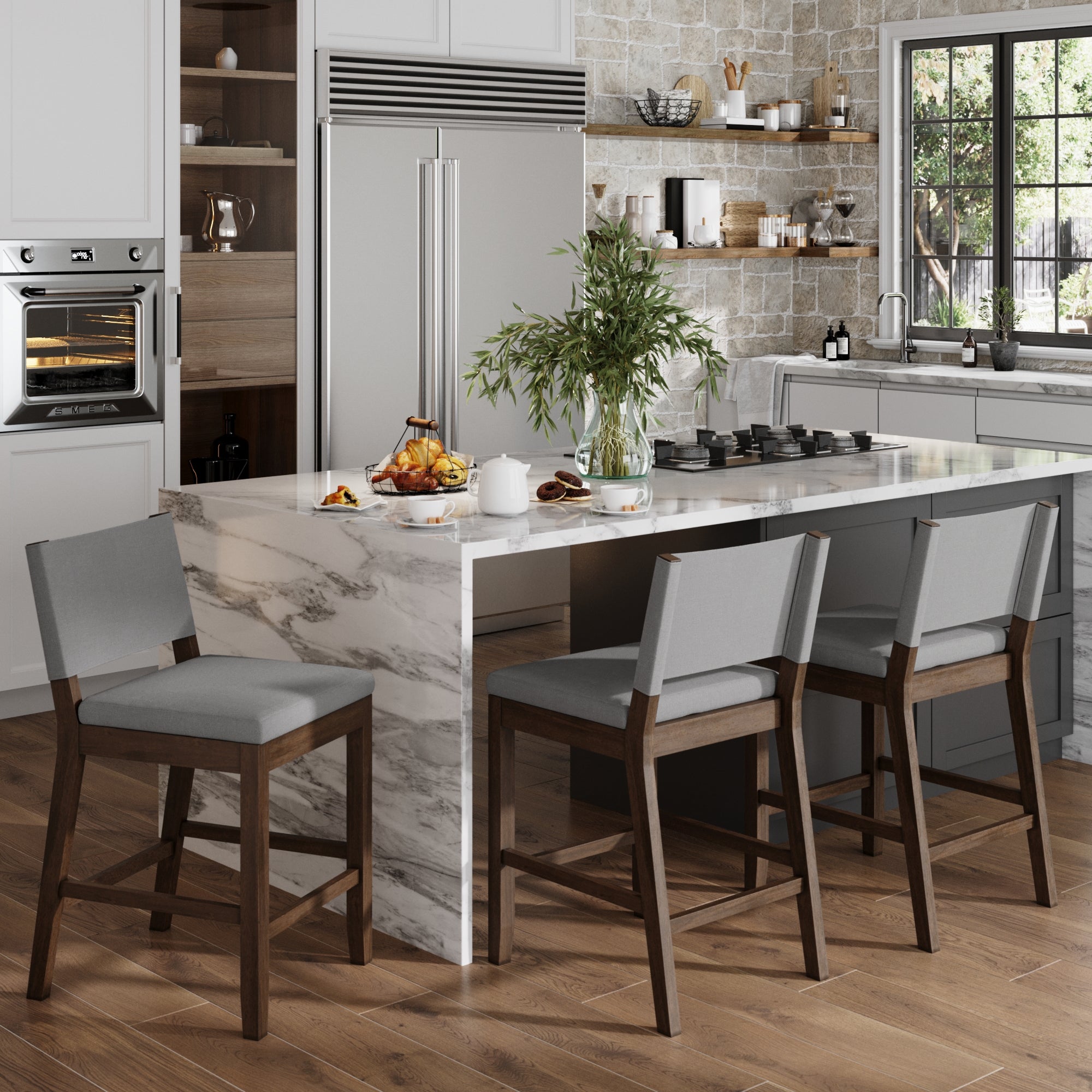 Modern kitchen with a marble island, Nathan James Wood Counter Height Bar Stools Dark Brown Gray (Set of 3), built-in appliances, wooden floor, and breakfast items on the counter. A large window lets in light; plants add greenery.