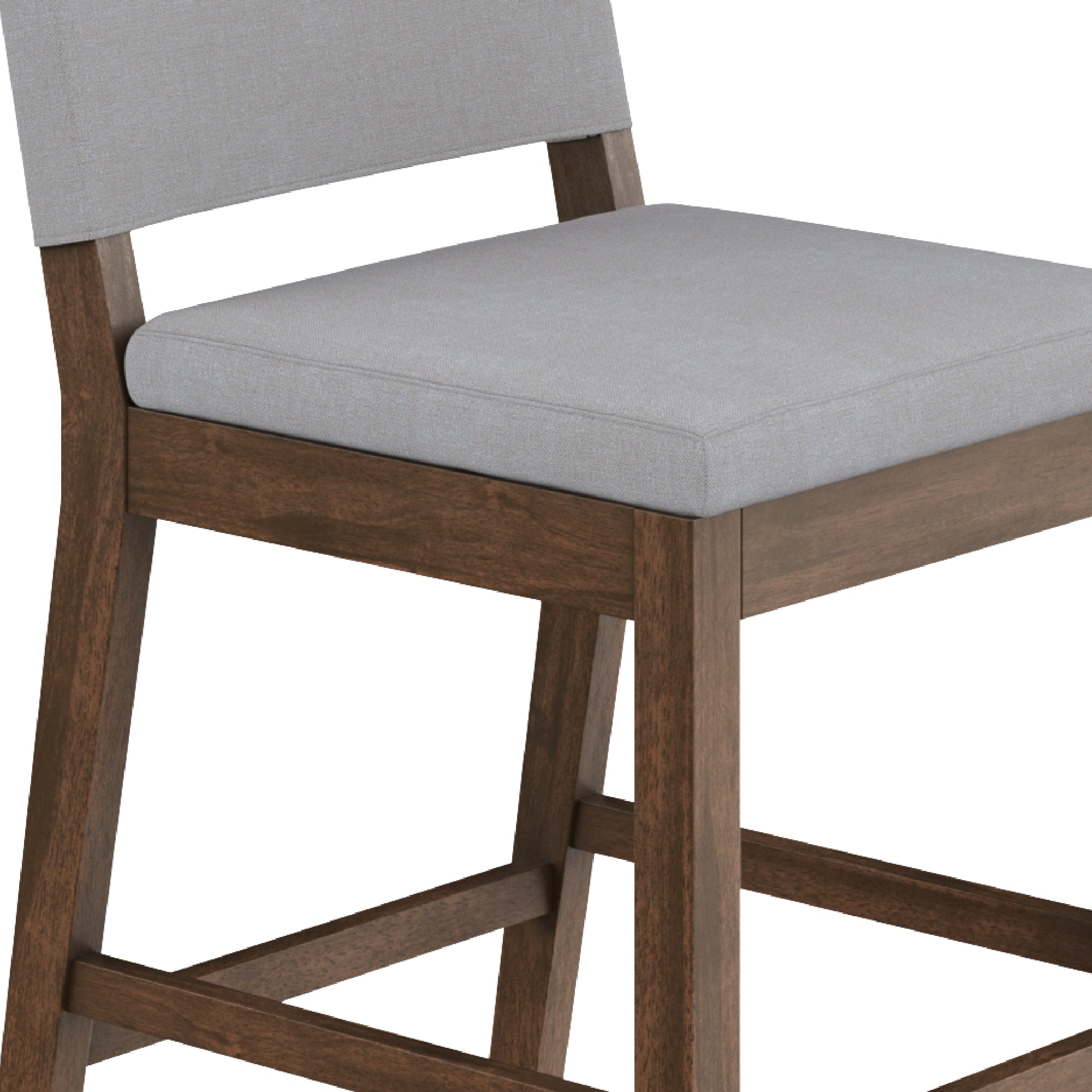 A wooden chair with a light gray cushioned seat and backrest. The frame is dark brown with horizontal support bars connecting the legs. Only the lower half of the chair and part of the backrest are visible.