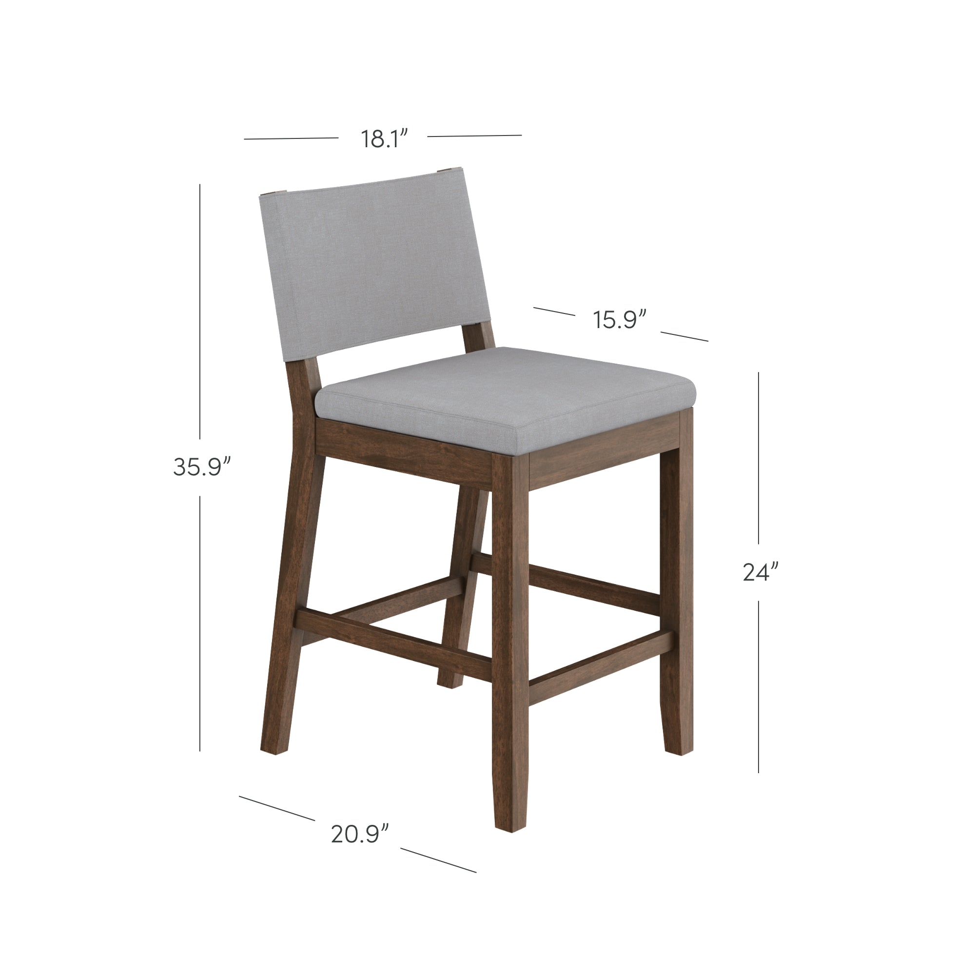 A wooden bar stool with a light gray cushioned seat and backrest. Dimensions are marked: 35.9 tall, seat height 24, seat depth 15.9, seat width 18.1, and overall depth 20.9.