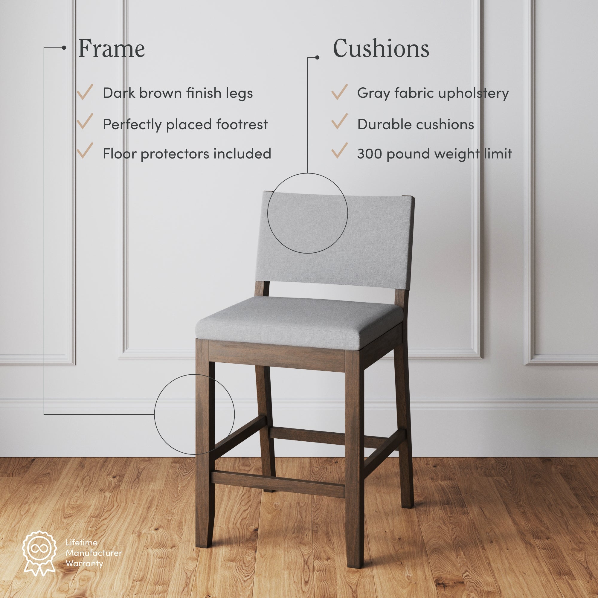 Gray cushioned bar stool with dark brown wooden frame on a wood floor, in front of a white paneled wall. Text highlights frame features and cushion details, including weight limit and fabric type.