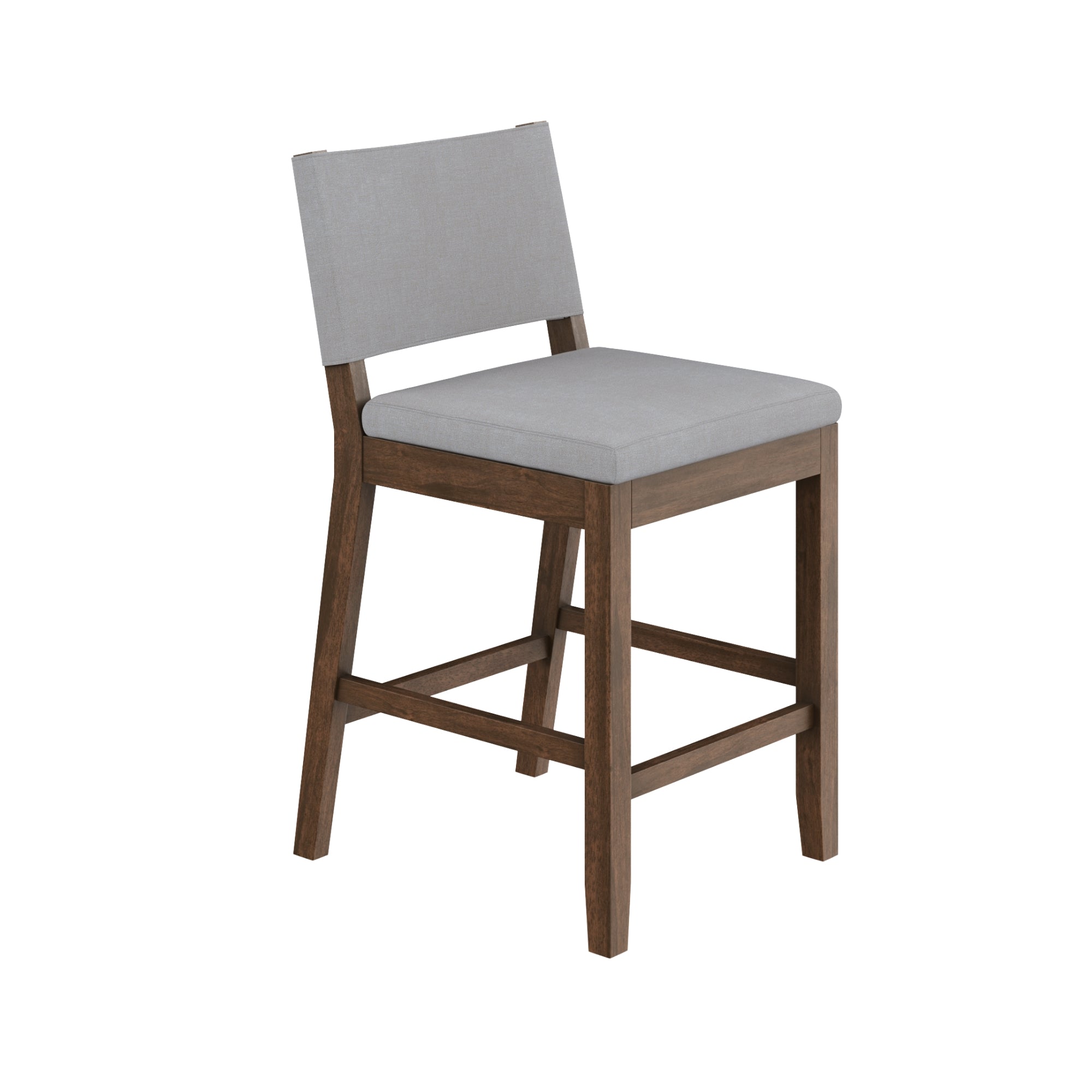 A wooden bar stool with a padded light gray seat and backrest, featuring straight legs and a supportive footrest, displayed against a white background.