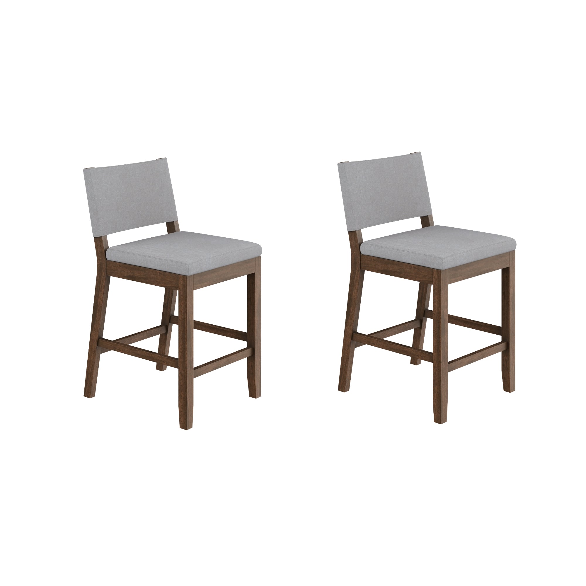 Two wooden barstools with light gray upholstered seats and backs, featuring straight legs and a supportive footrest, placed side by side on a white background.