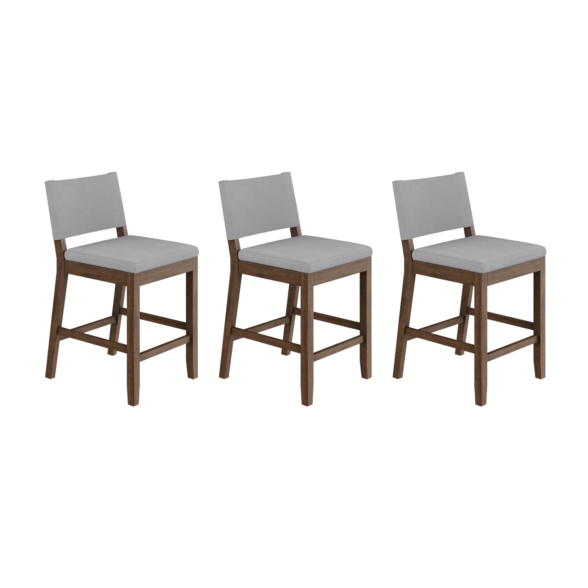 Three wooden barstools with light gray upholstered seats and backs, arranged in a row against a white background.