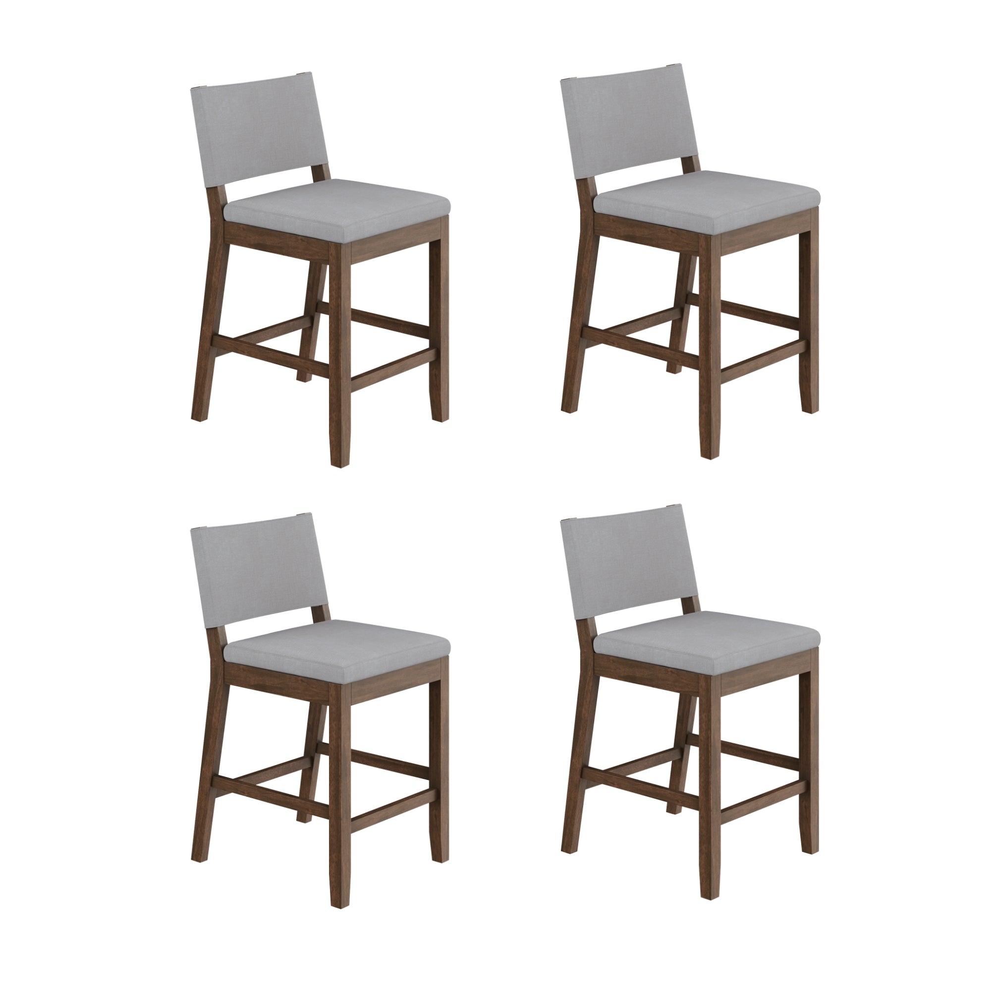 Set of four bar stools with wooden legs and light gray upholstered seats and backs, arranged in a grid pattern on a white background.