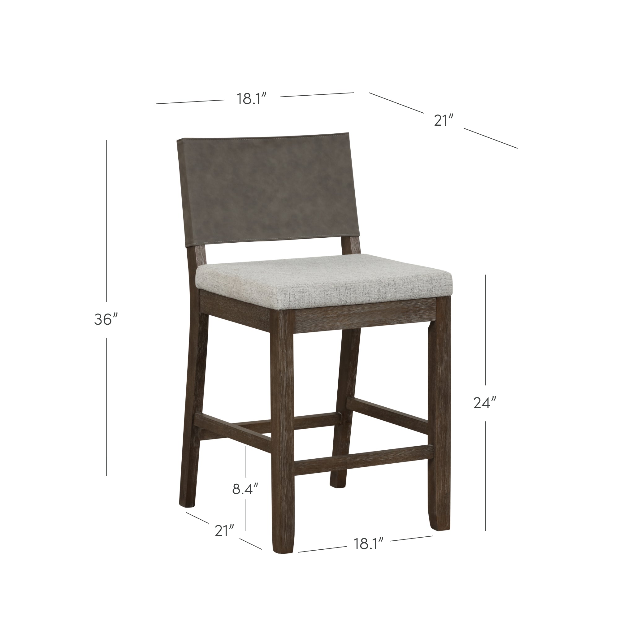 A wooden bar stool with a brown backrest, light gray cushioned seat, and four legs with footrests. Dimensions are 36 high, 18.1 wide, 21 deep, and a seat height of 24.