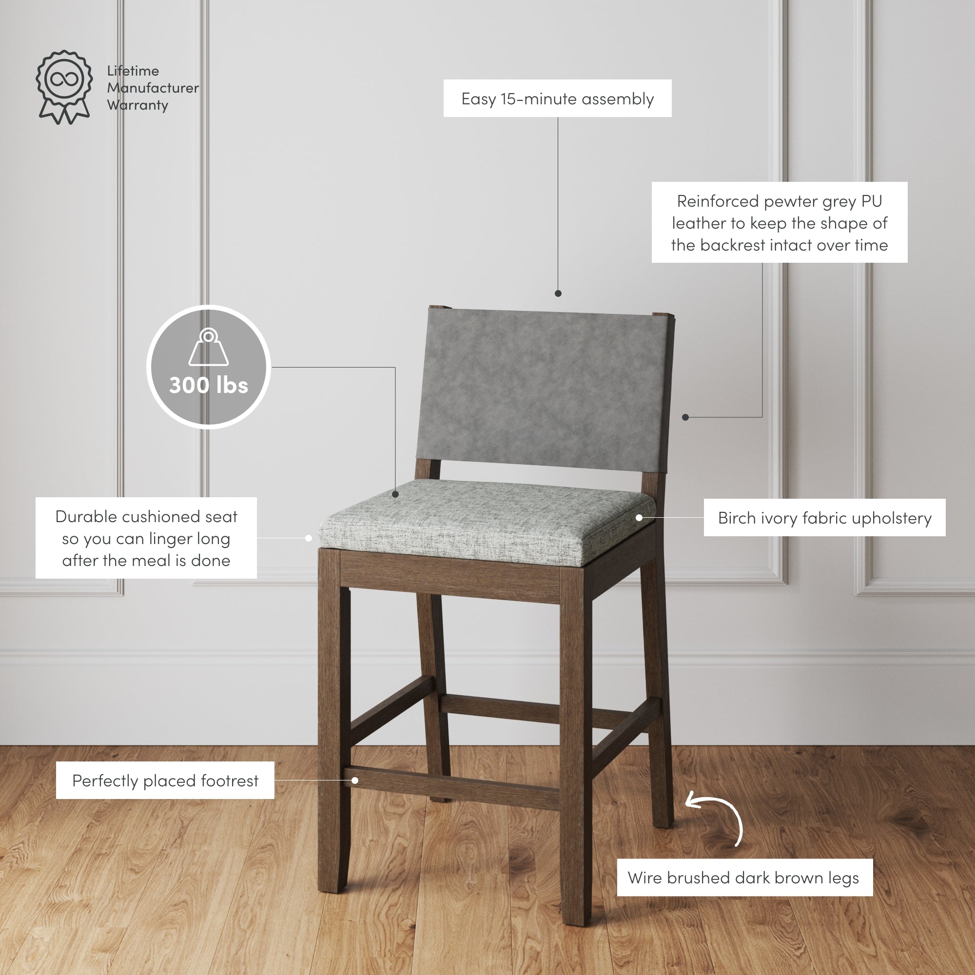 A wooden chair with birch ivory fabric upholstery, pewter gray PU leather backrest, cushioned seat, footrest, and wire-brushed dark brown legs. Text highlights features like 300 lbs weight capacity and 15-minute assembly.