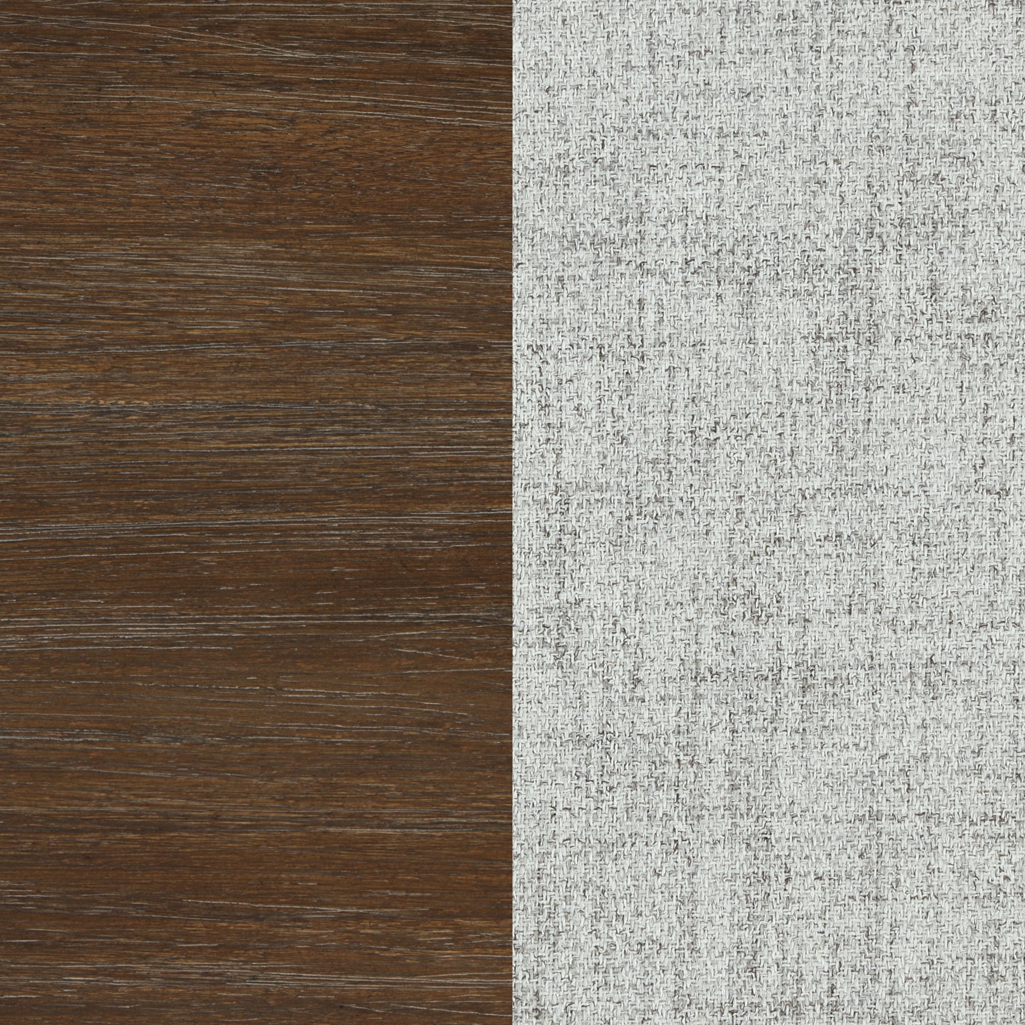 A vertically split surface with dark brown wood grain texture on the left and light gray, fabric-like texture on the right.