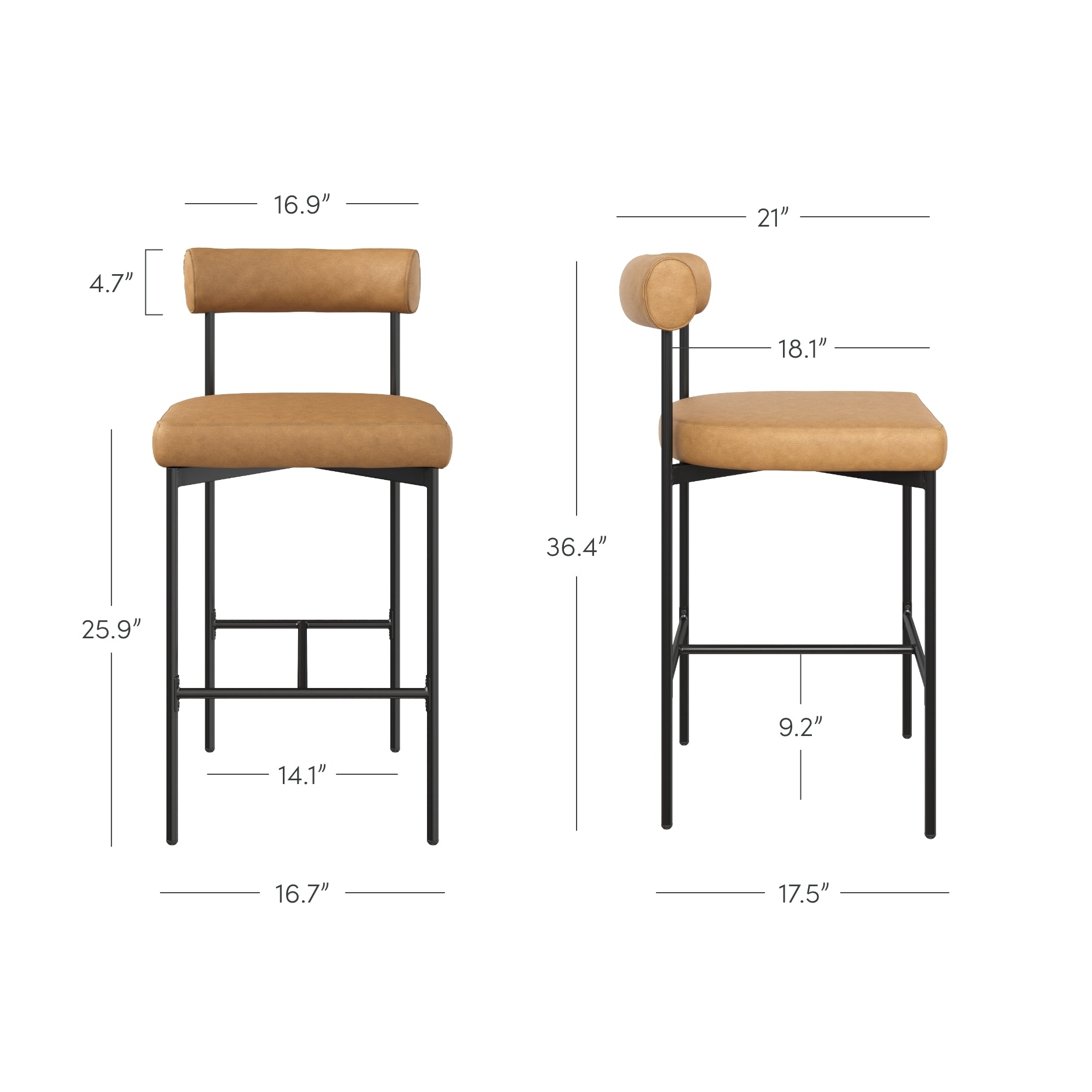 Bar stool with tan cushioned seat and backrest, black metal legs, and dimensions labeled: height 36.4, seat height 25.9, seat depth 18.1, seat width 16.7, backrest height 4.7, and leg width 17.5.