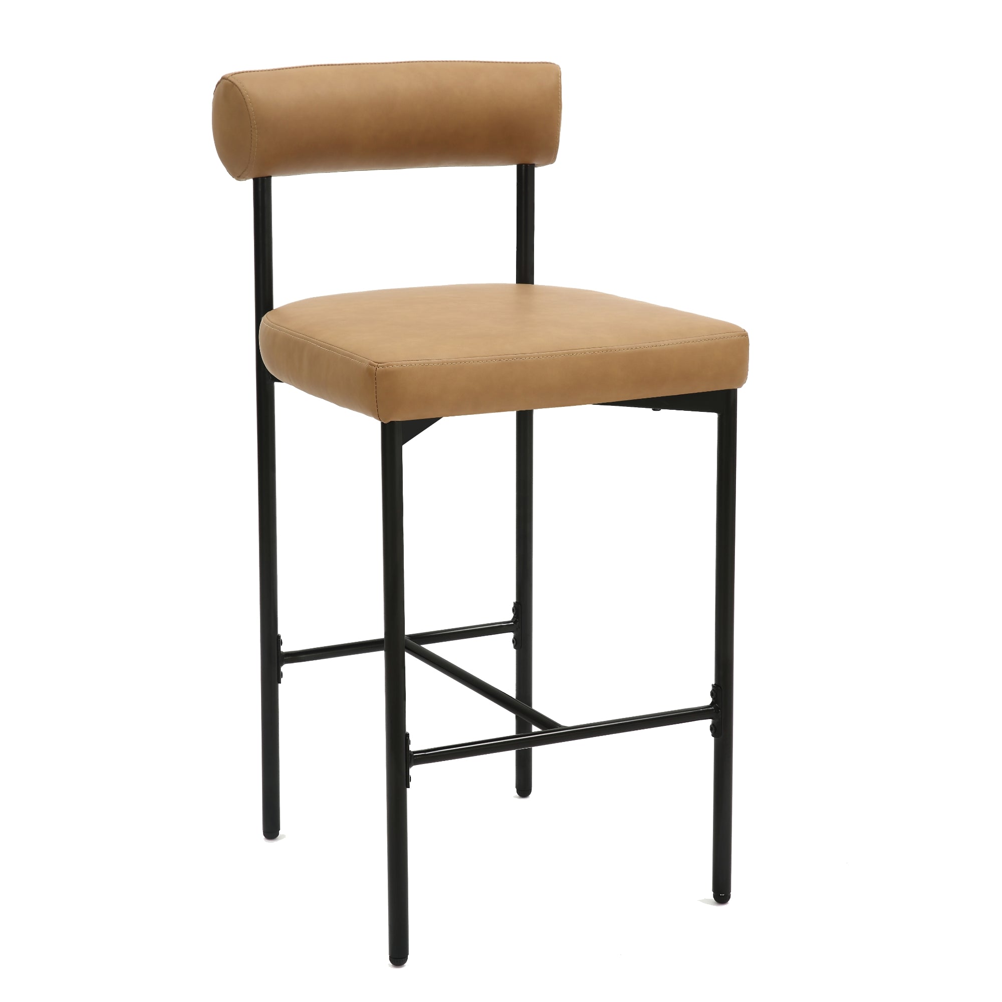 A modern bar stool with a tan leather cushioned seat and backrest, supported by a black metal frame with footrests on all sides.