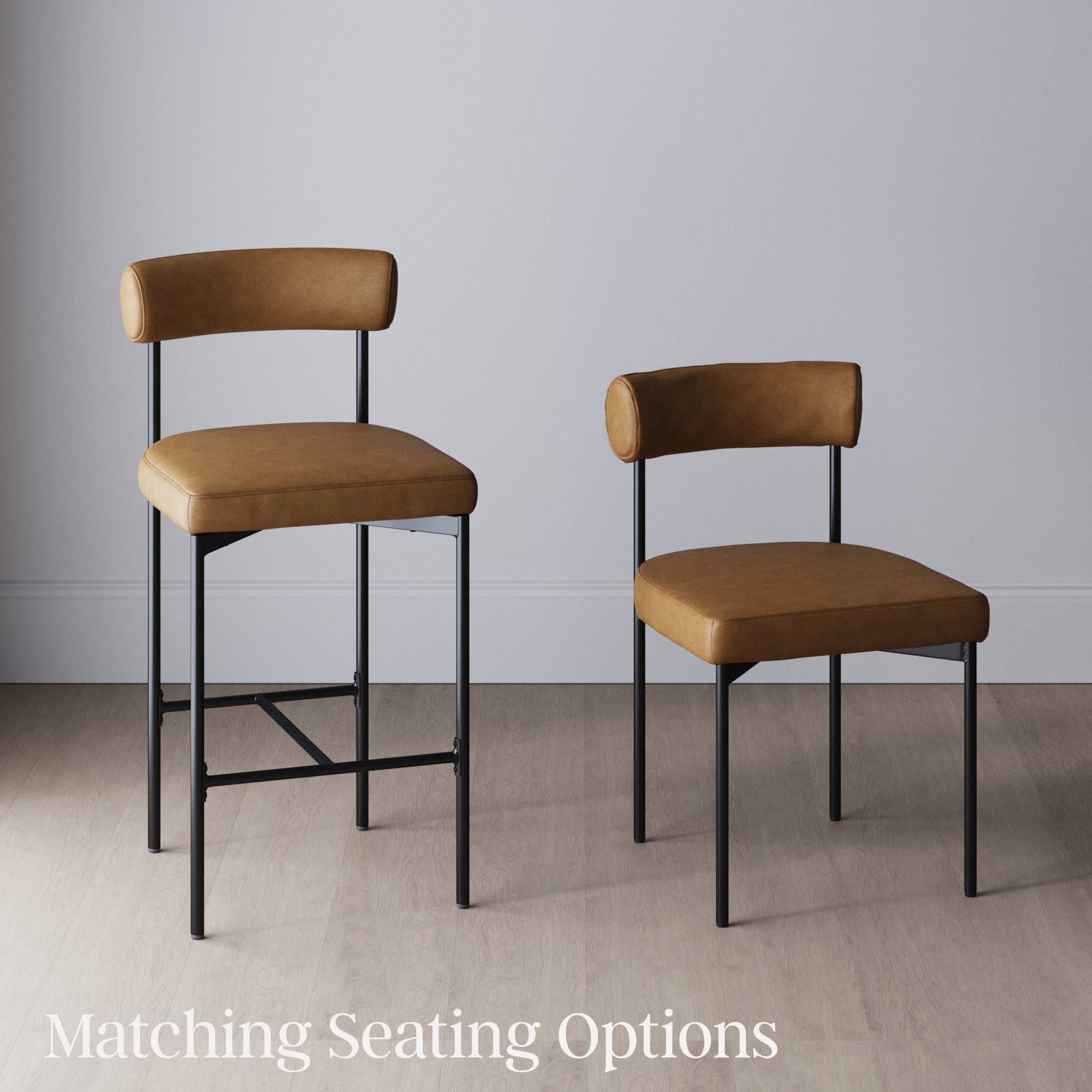 Two matching seats—a barstool and a dining chair—both with tan cushioned seats and backs, and black metal legs, are displayed against a plain light gray wall and light wood floor. Text reads Matching Seating Options.