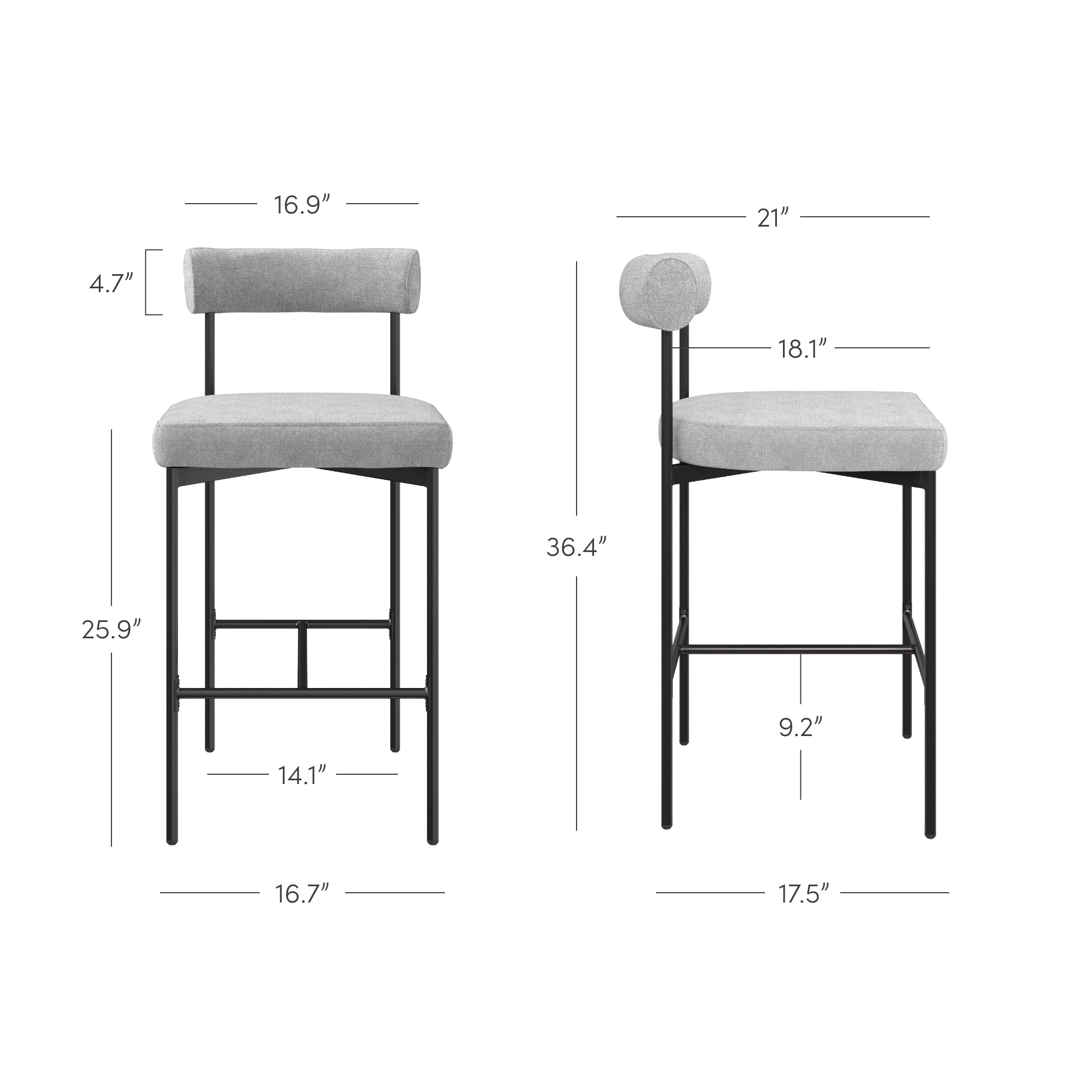 Two views of a modern bar stool with grey upholstery and black metal legs, displaying detailed measurements for seat height, width, backrest height and width, and overall depth.
